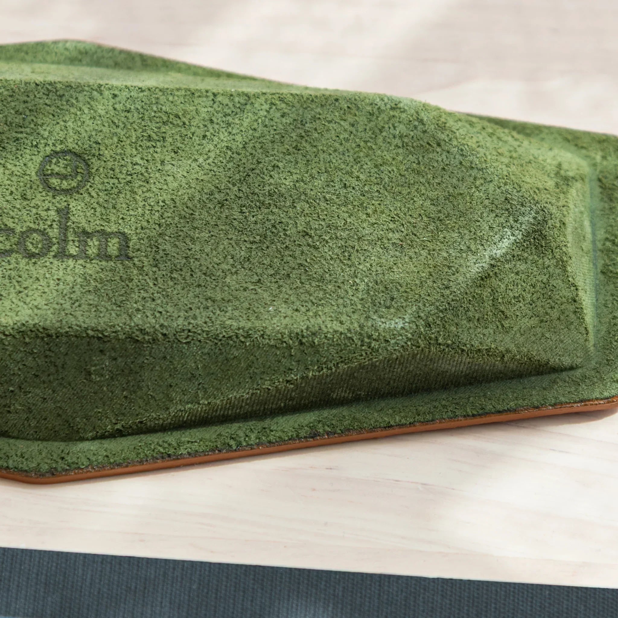 Textured green suede bottom of Camel leather Japanese Pen Tray.