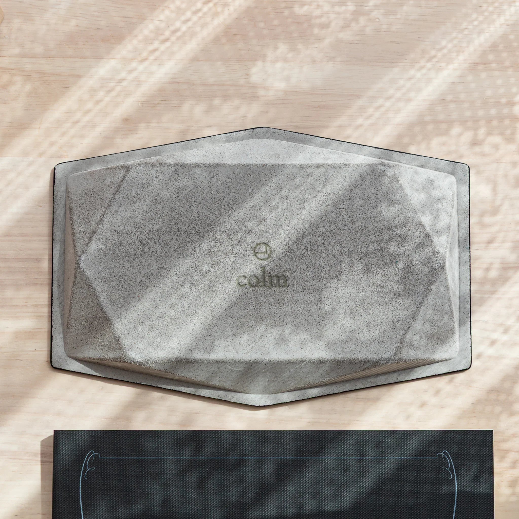 Bottom side of leather Japanese Pen Tray showing colm logo and suede texture