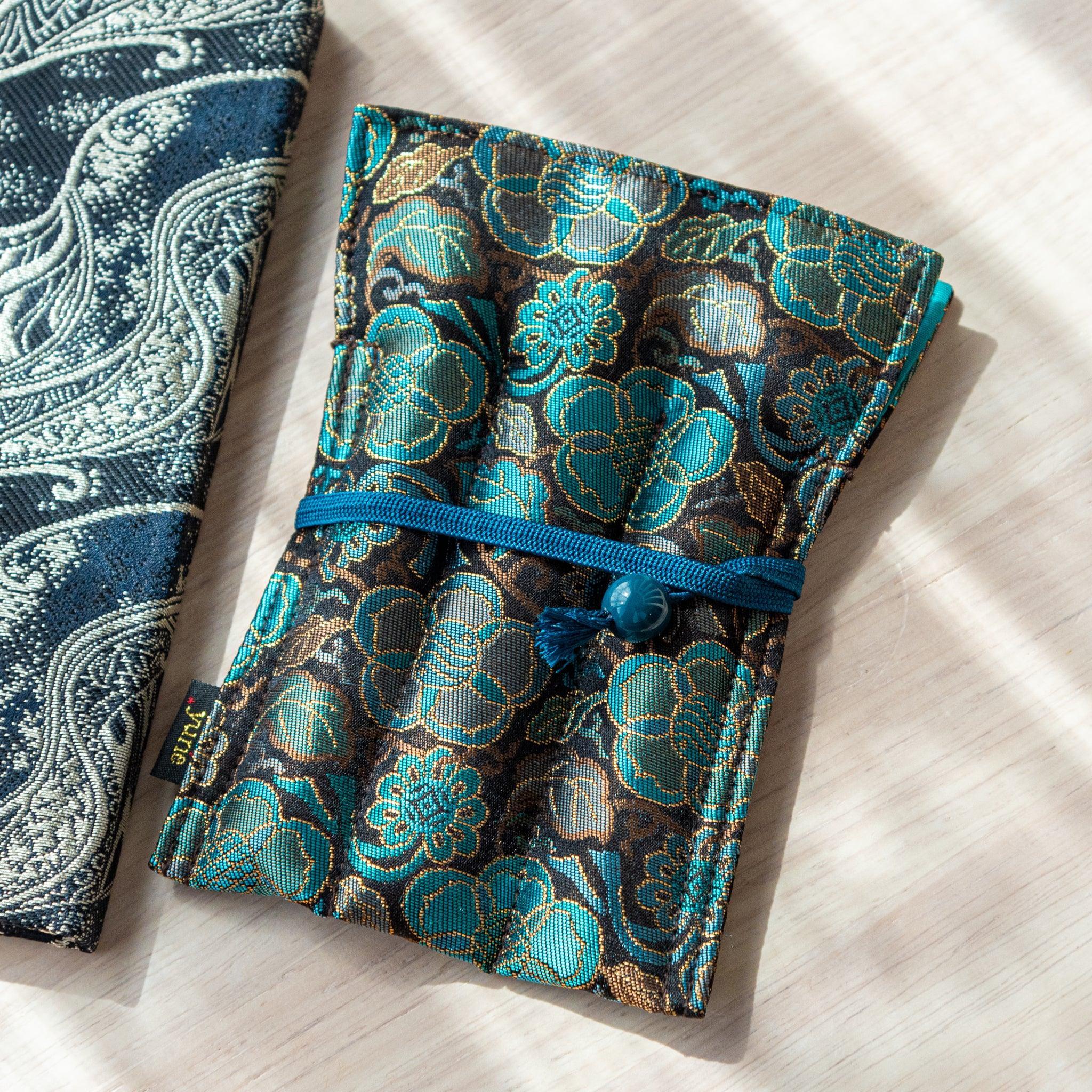Teal Blossom Nishijin Silk Fountain Pen Case - yurie, front view with product styling providing full visual representation an