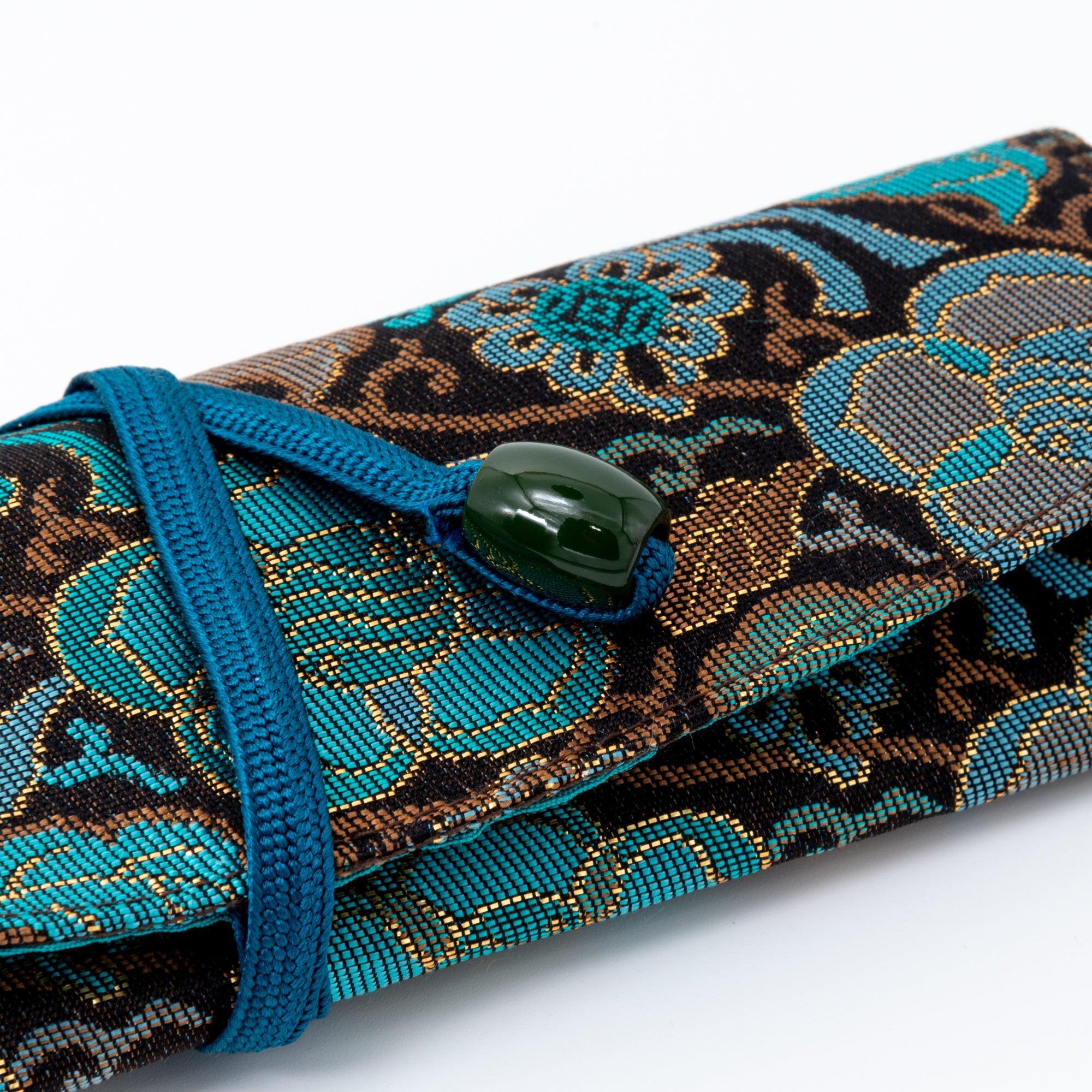 Teal Blossom Nishijin Silk Fountain Pen Case - yurie, product arrangement showing context providing full visual representatio