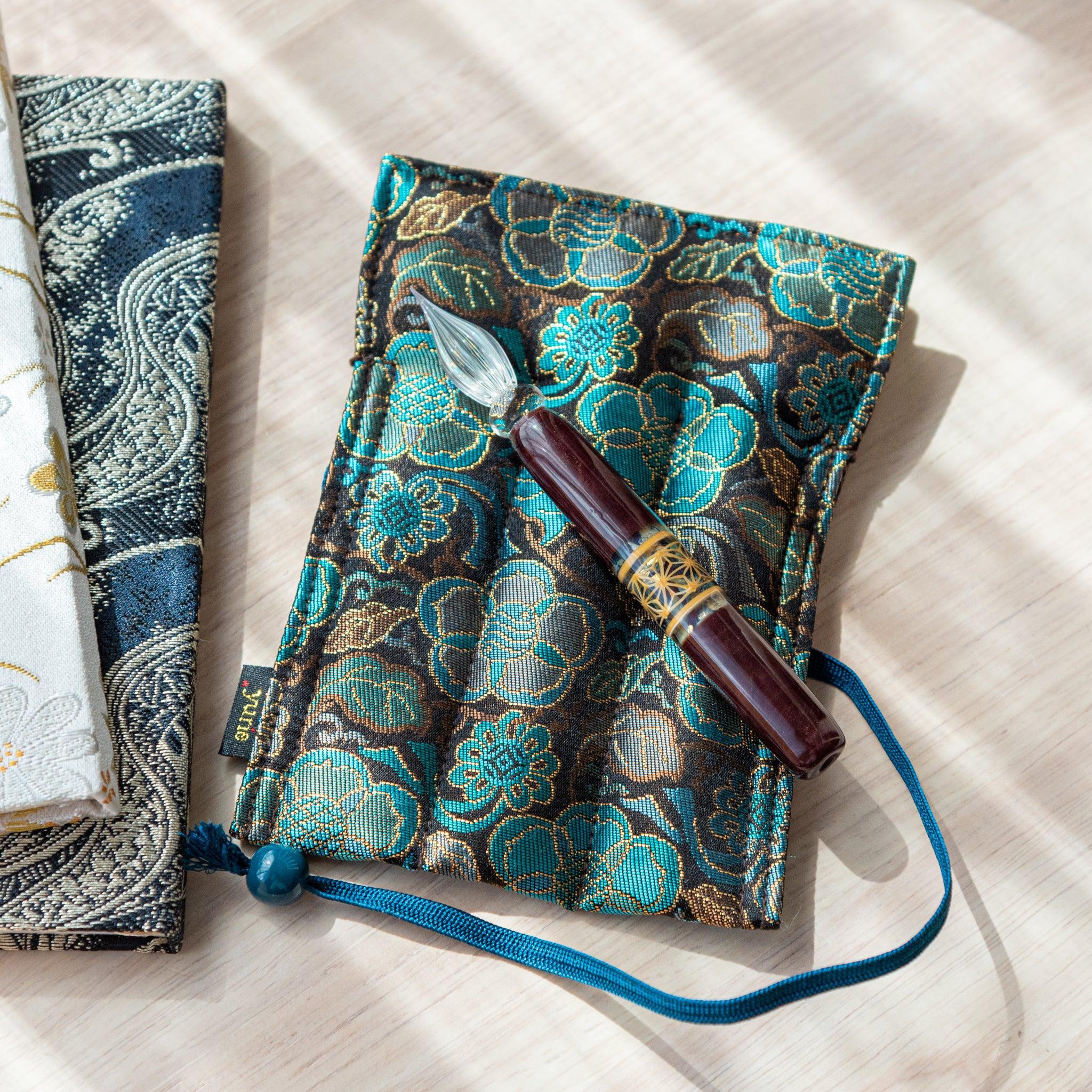 Teal Blossom Nishijin Silk Fountain Pen Case - yurie, three-quarter angle of product providing full visual representation and
