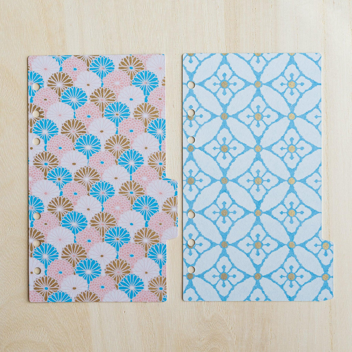 Two Tone index dividers side by side, pink and blue chrysanthemum print and blue shippo lattice print
