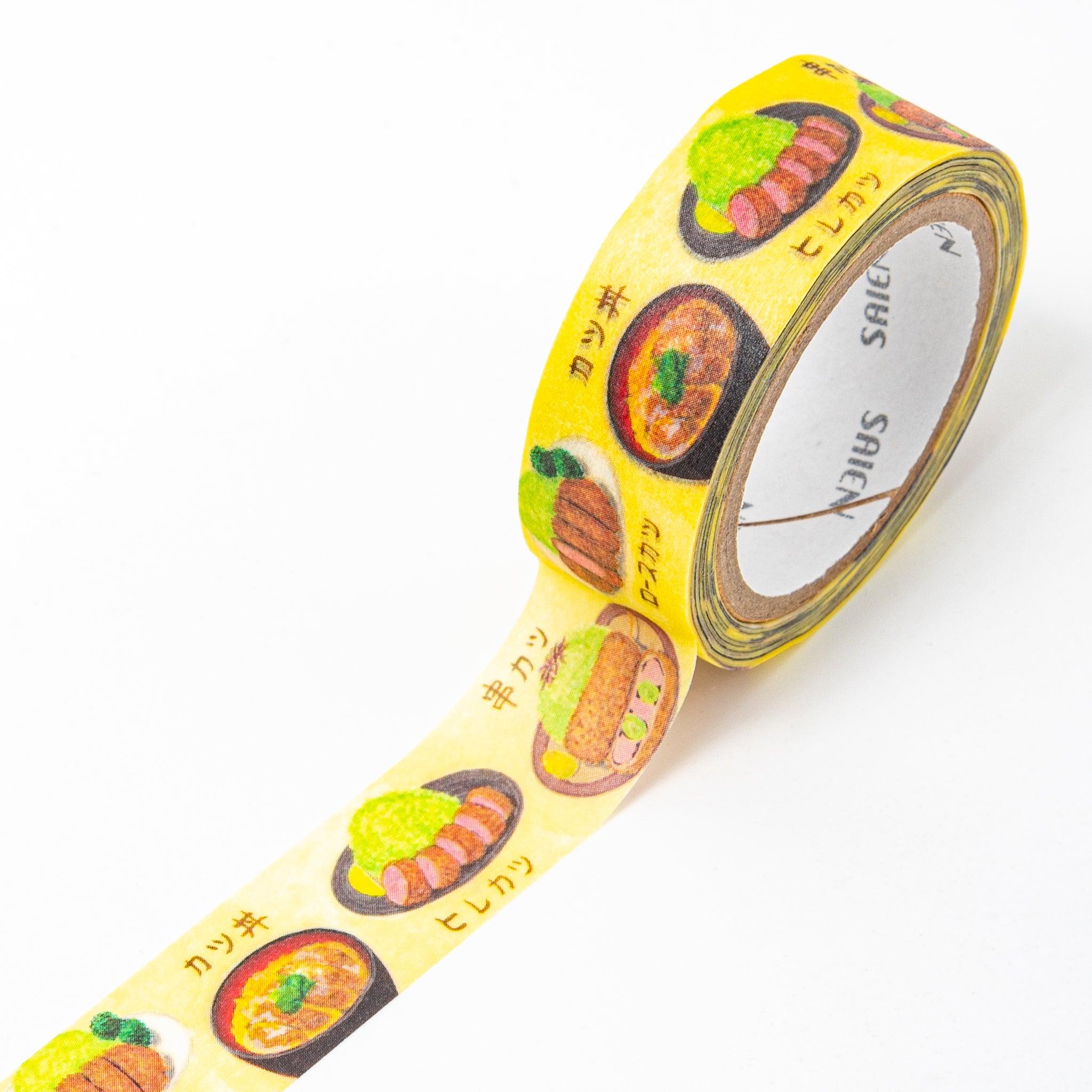 Tonkatsu Iyo Washi Tape displaying fried pork cutlet and bowl designs with Japanese calligraphy on beige background