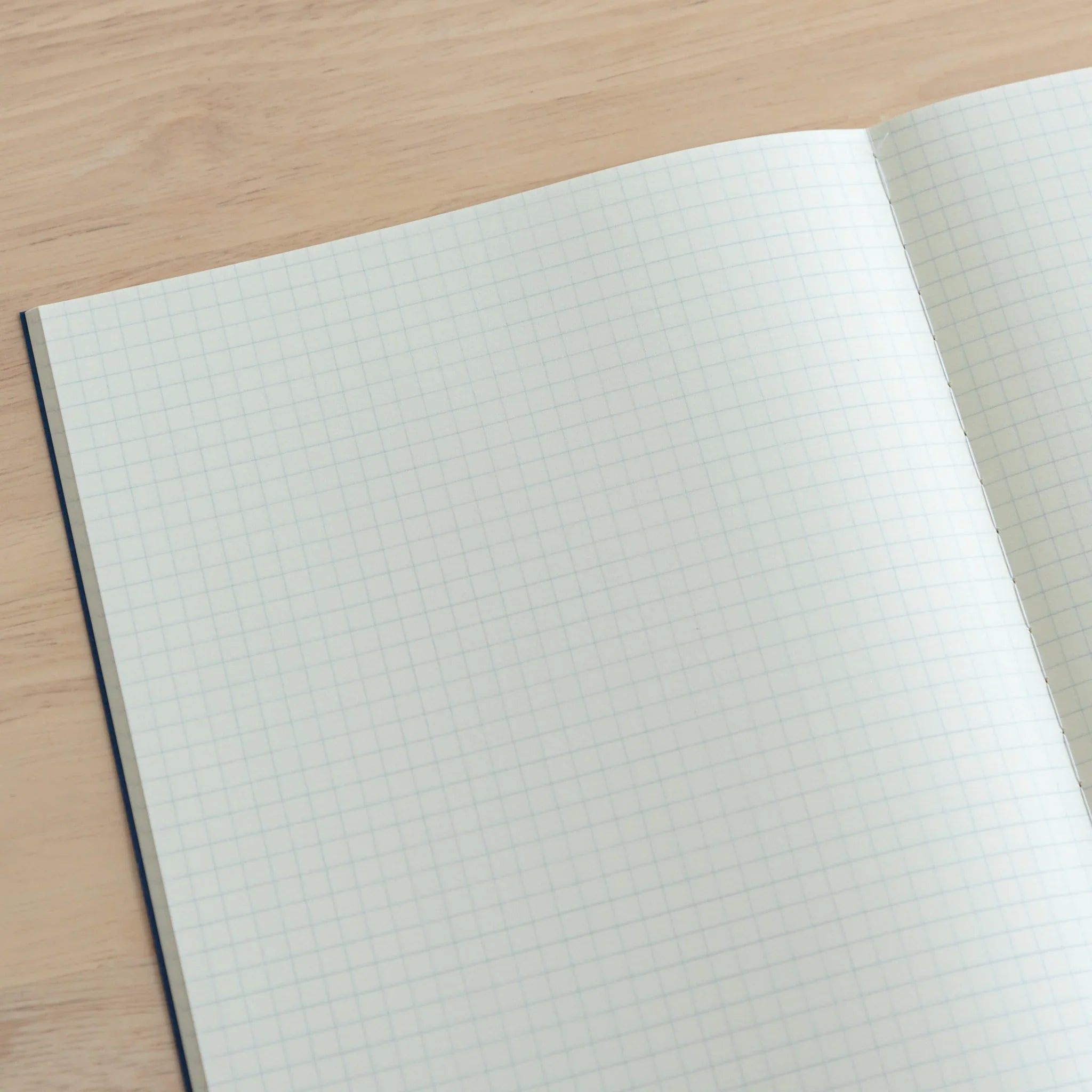 Tsubame Fools Cream Notebook open spread showing grid-ruled cream pages with thread-sewn binding structure visible