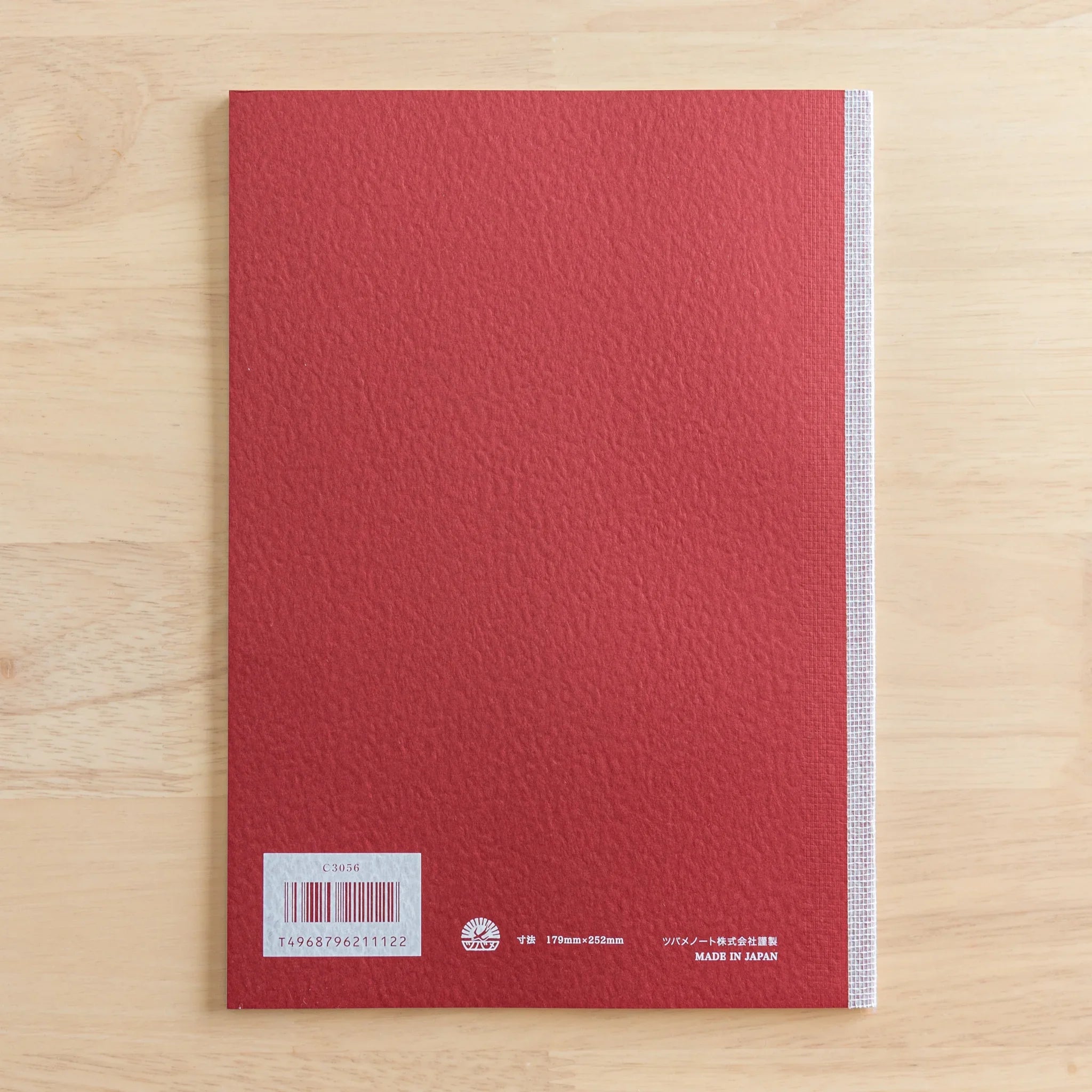 Tsubame Fools Cream Notebook back cover featuring barcode and Made in Japan text on red fabric finish complete