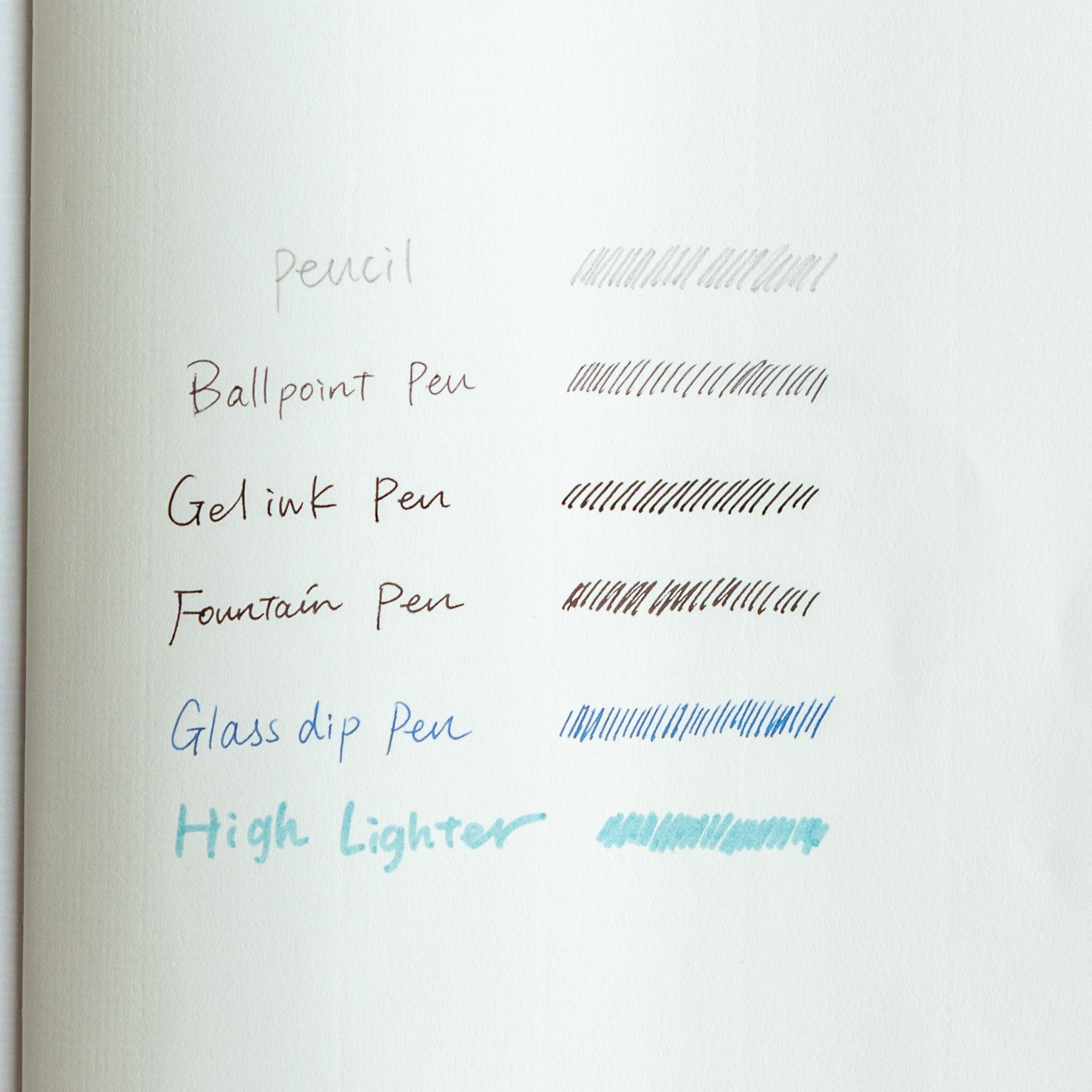 A notebook page comparing writing and shading with a pencil, ballpoint, gel ink, fountain, glass dip pen, and highlighter.
