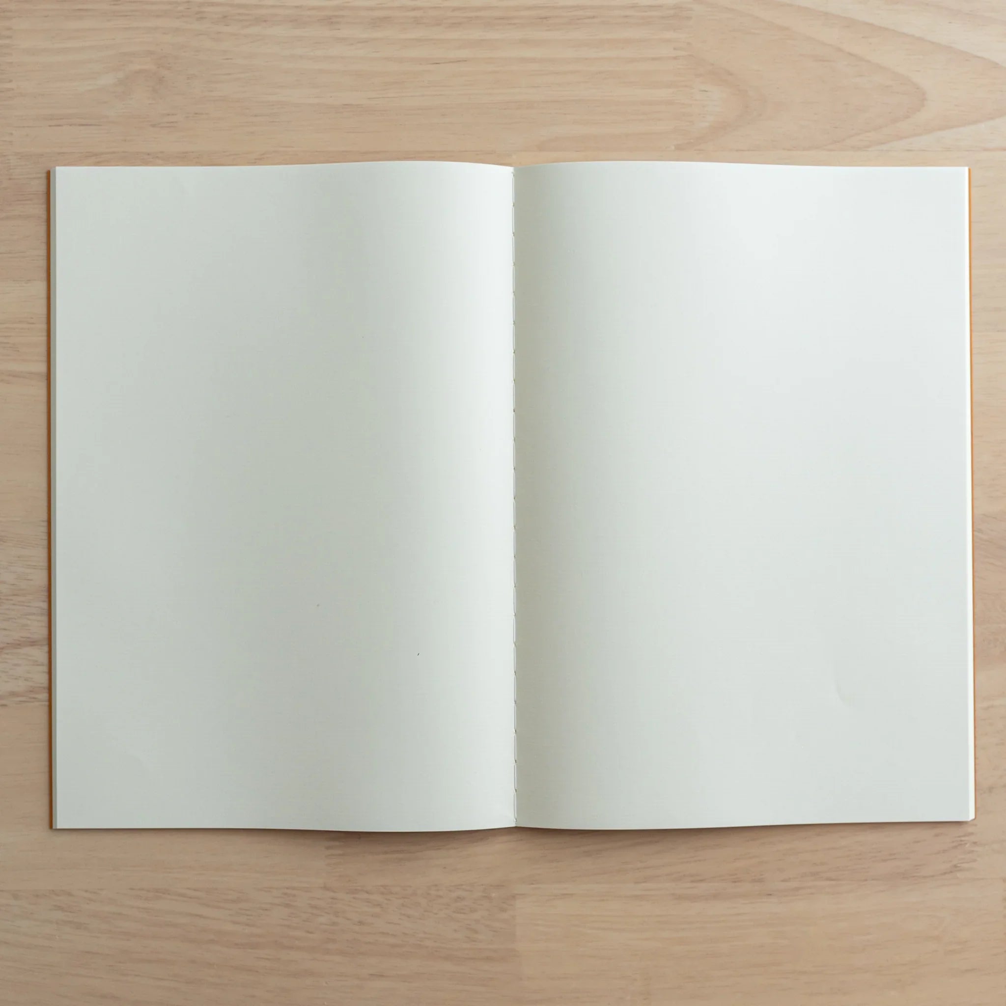 Tsubame Fools Cream Notebook open showing grid cream interior pages and dark binding spine in flat-lay composition