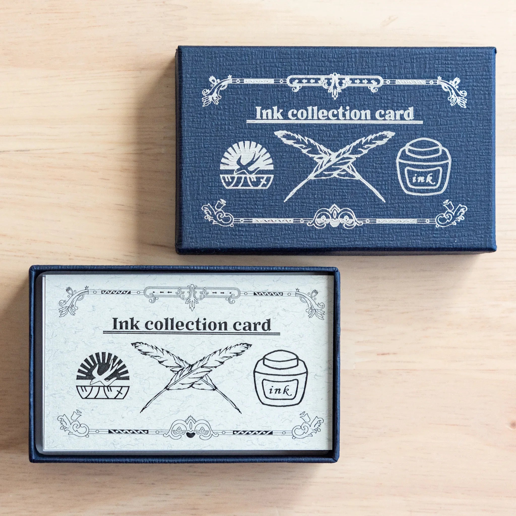 Tsubame Fools fountain pen ink swatch cards displaying Japanese color names and ink bottle artwork designs