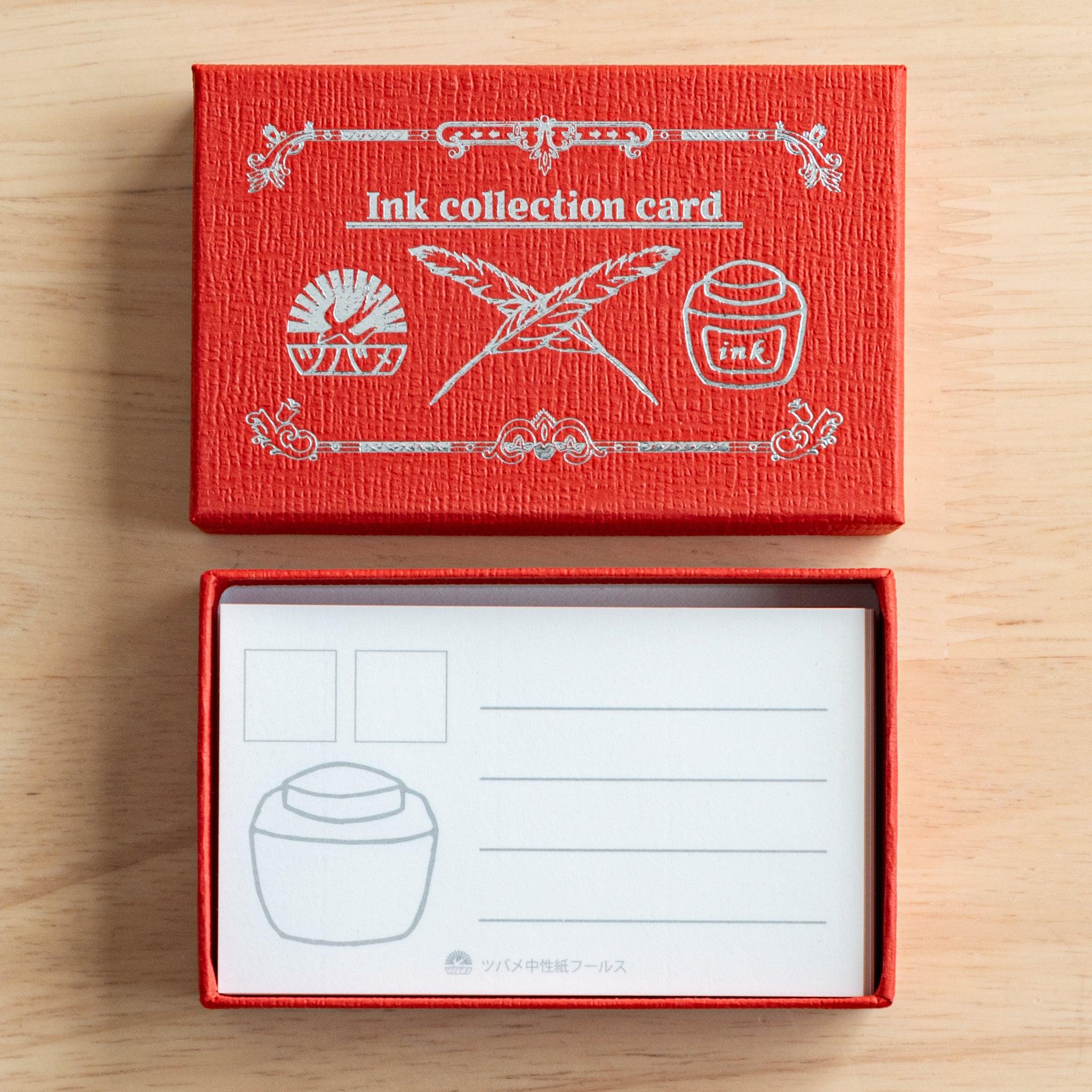 A red Tsubame Japanese stationery box labeled "Ink collection card," opened to display blank ink collection cards with designated spaces for ink samples and notes.