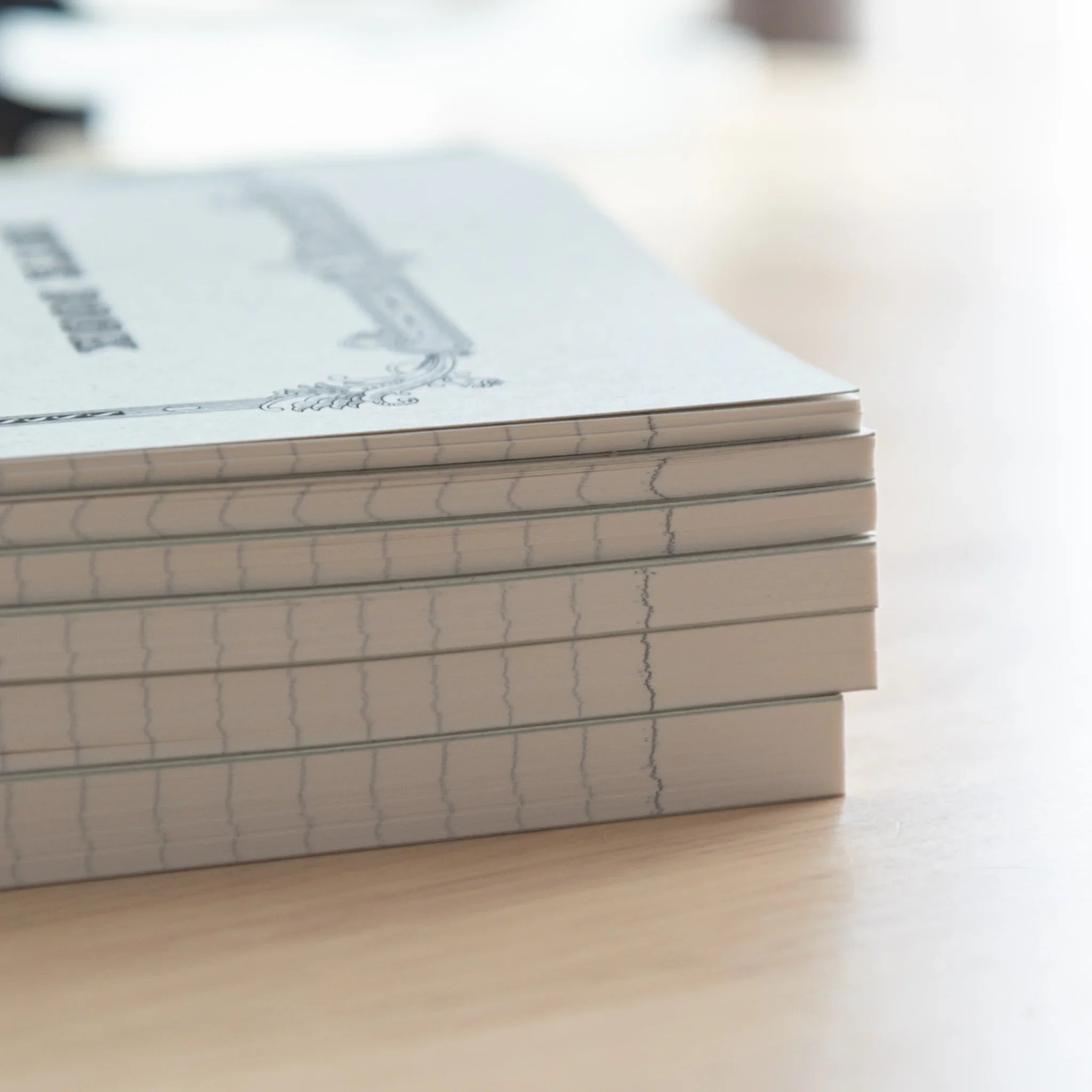 Detail of ruled notebook page showing cream paper color, fine line spacing and thread binding along spine