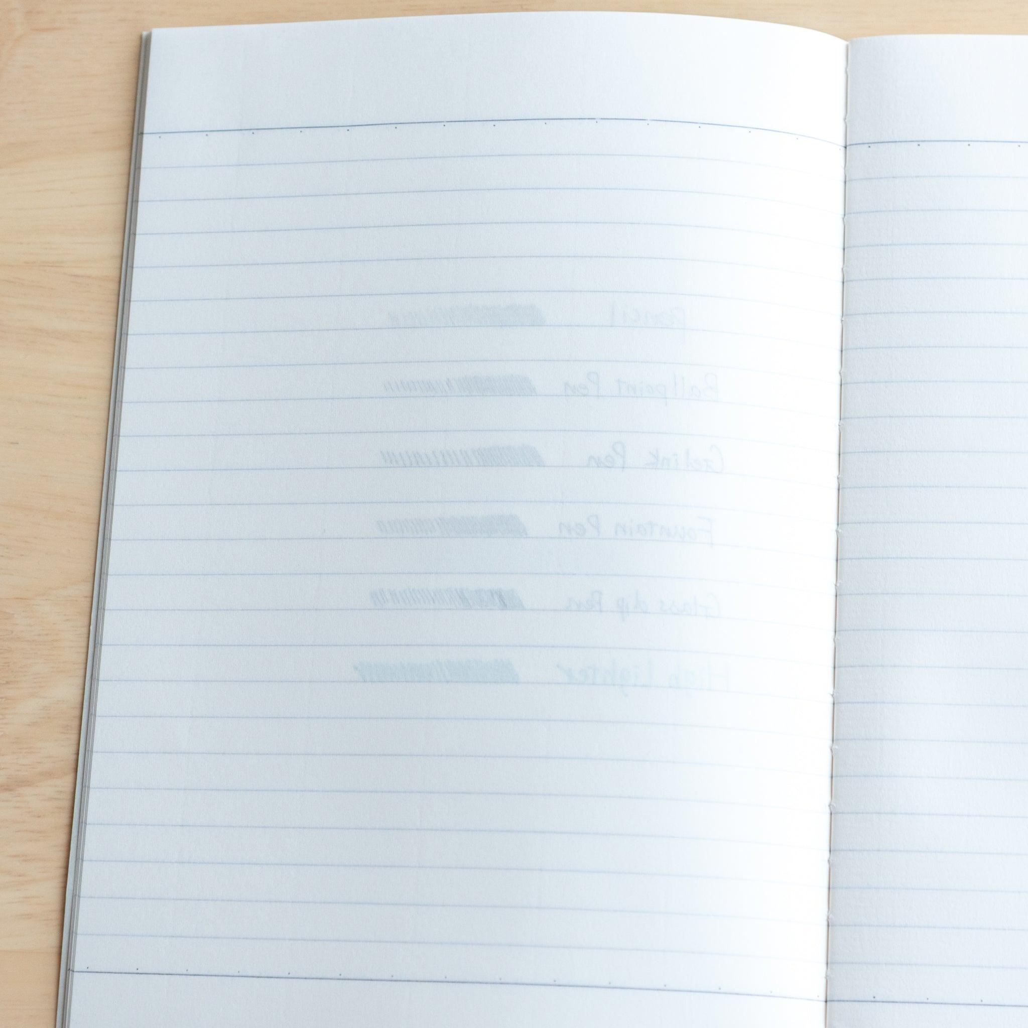 The next notebook page shows slight ink ghosting from the previous writing, with faint lines and text visible through the paper.