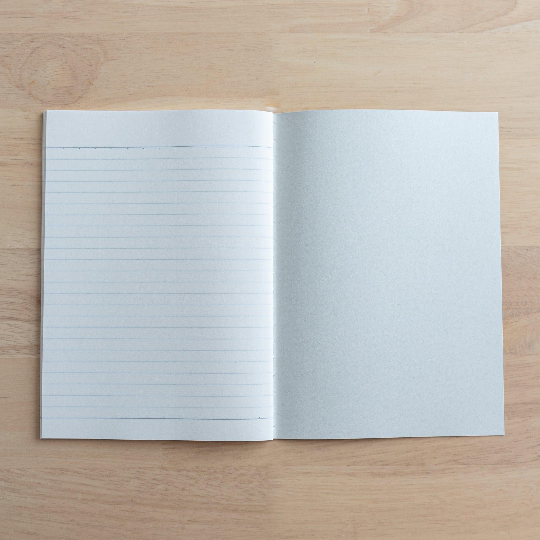 An open Tsubame Japanese notebook showing a lined page on the left and a blank inner cover on the right, crafted with high-quality Japanese stationery design.