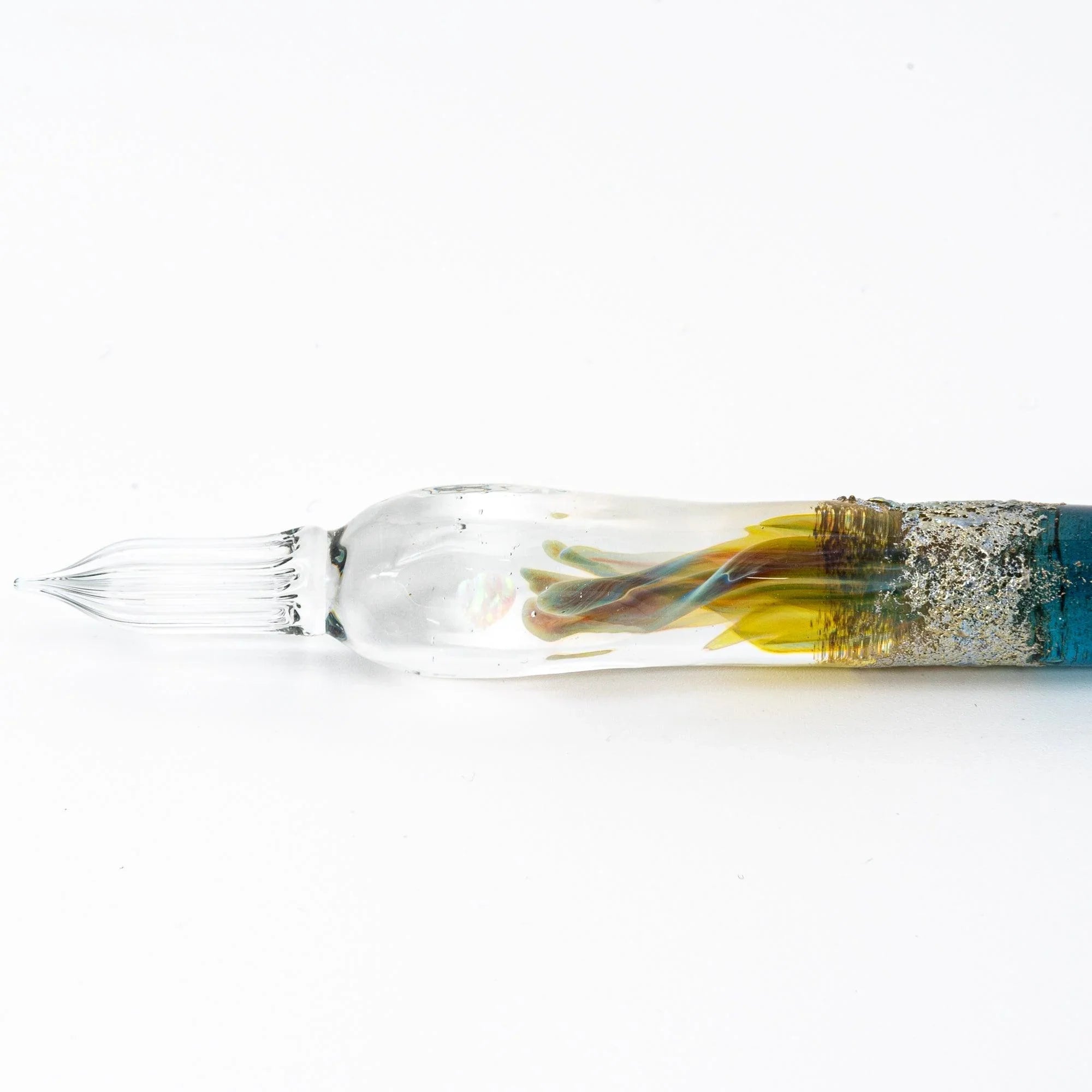 Blue moon goddess glass dip pen featuring hand-made transparent glass barrel with twisted nib construction shine