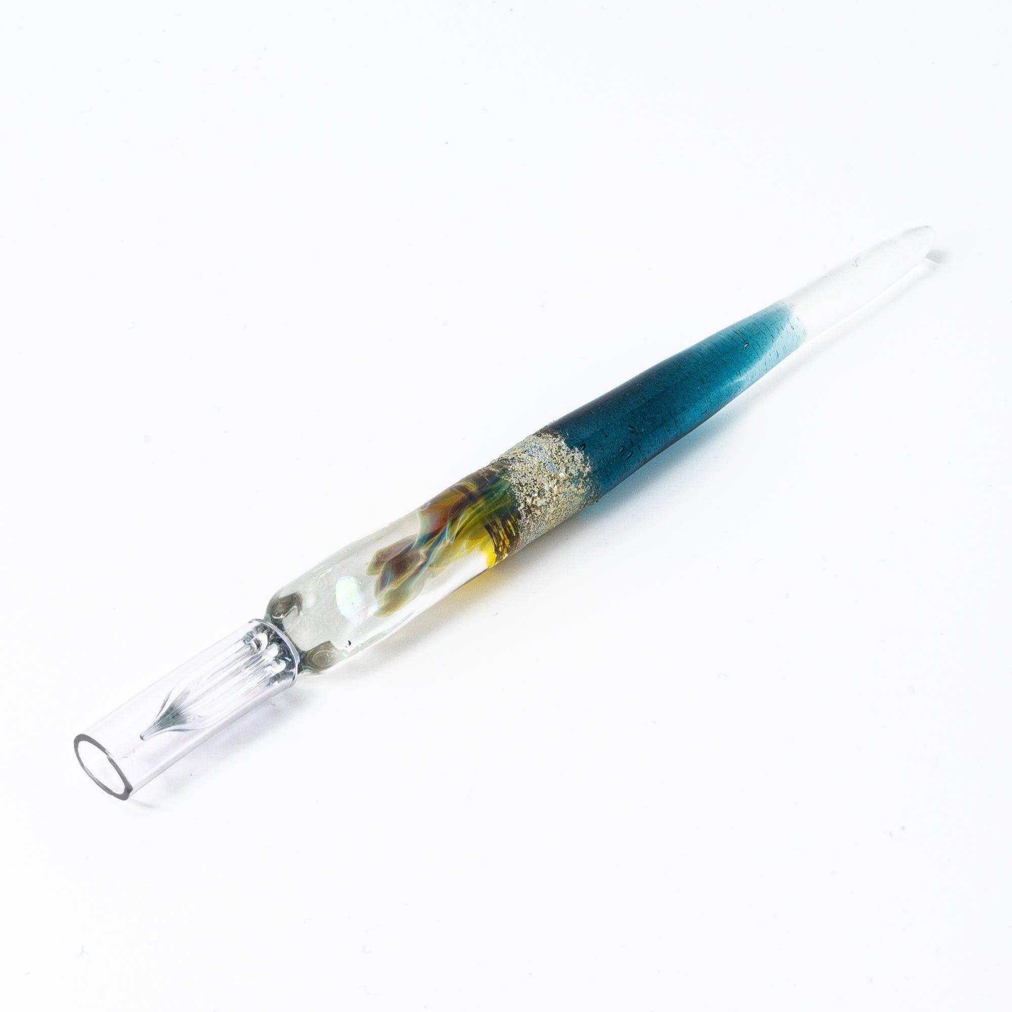 Elegant glass pen with a suspended opal and silver accents, featuring a gradient from blue to clear. Perfect for luxury writing experiences.