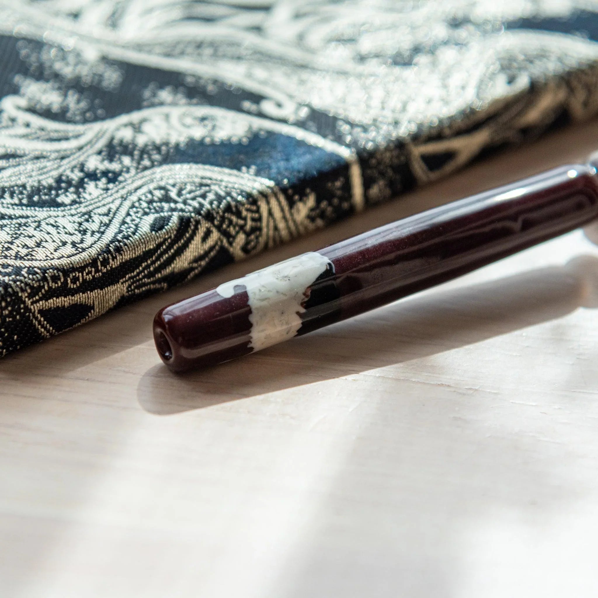 Tuxedo Cat Glass Dip Pen with Pen Rest full view with glass body featuring black and white tuxedo cat motif design