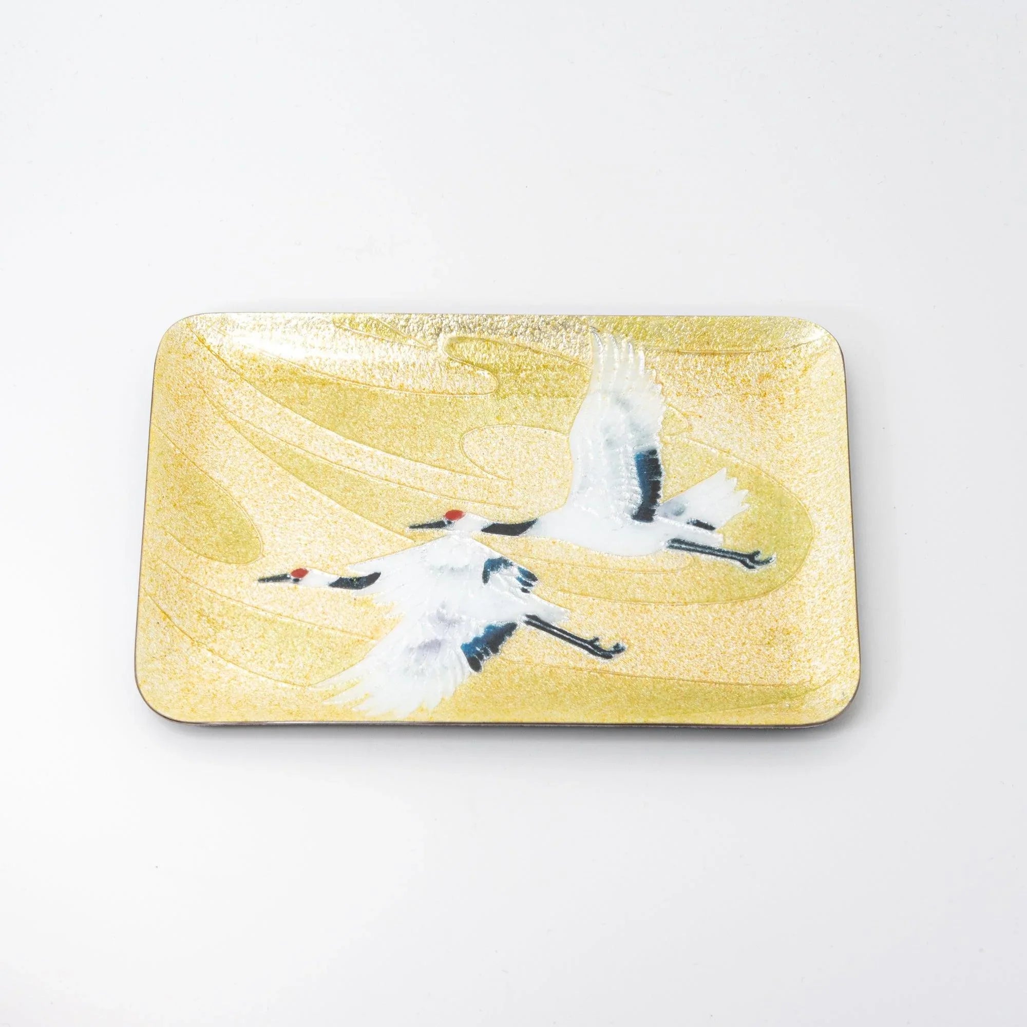 Japanese shippo ware large pen tray with twin cranes in flight on gold, flat overhead view on white background