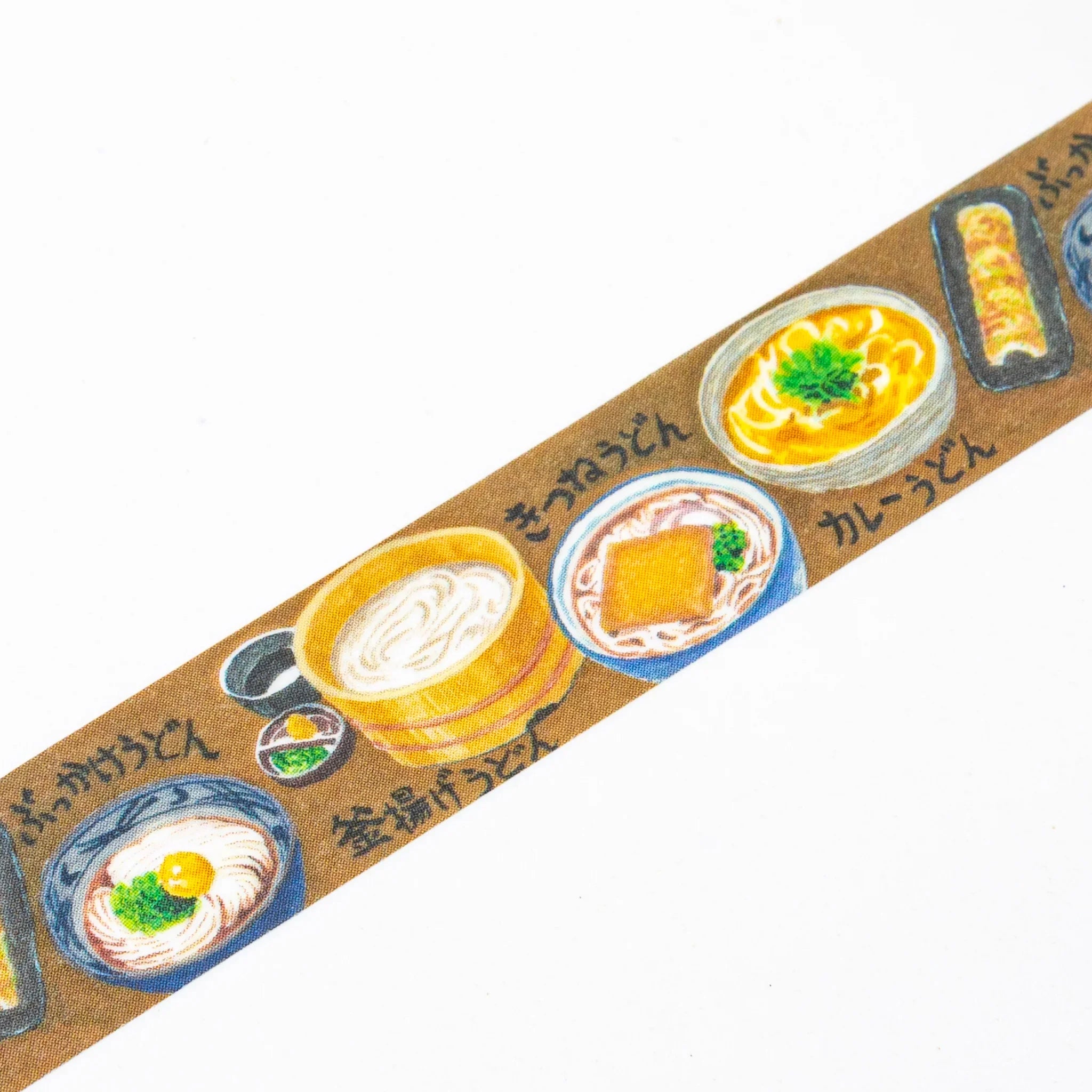 Udon Restaurant Iyo Washi Tape unrolled showing traditional noodle and curry bowl designs with Japanese text detail