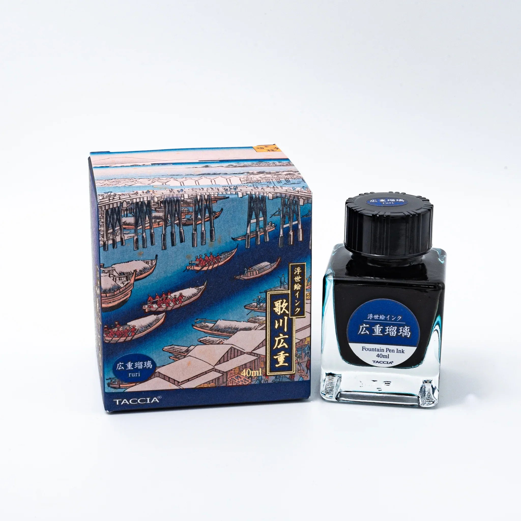 TACCIA Hiroshige Ruri deep blue lapis lazuli fountain pen ink set with decorative box and gold label angled view