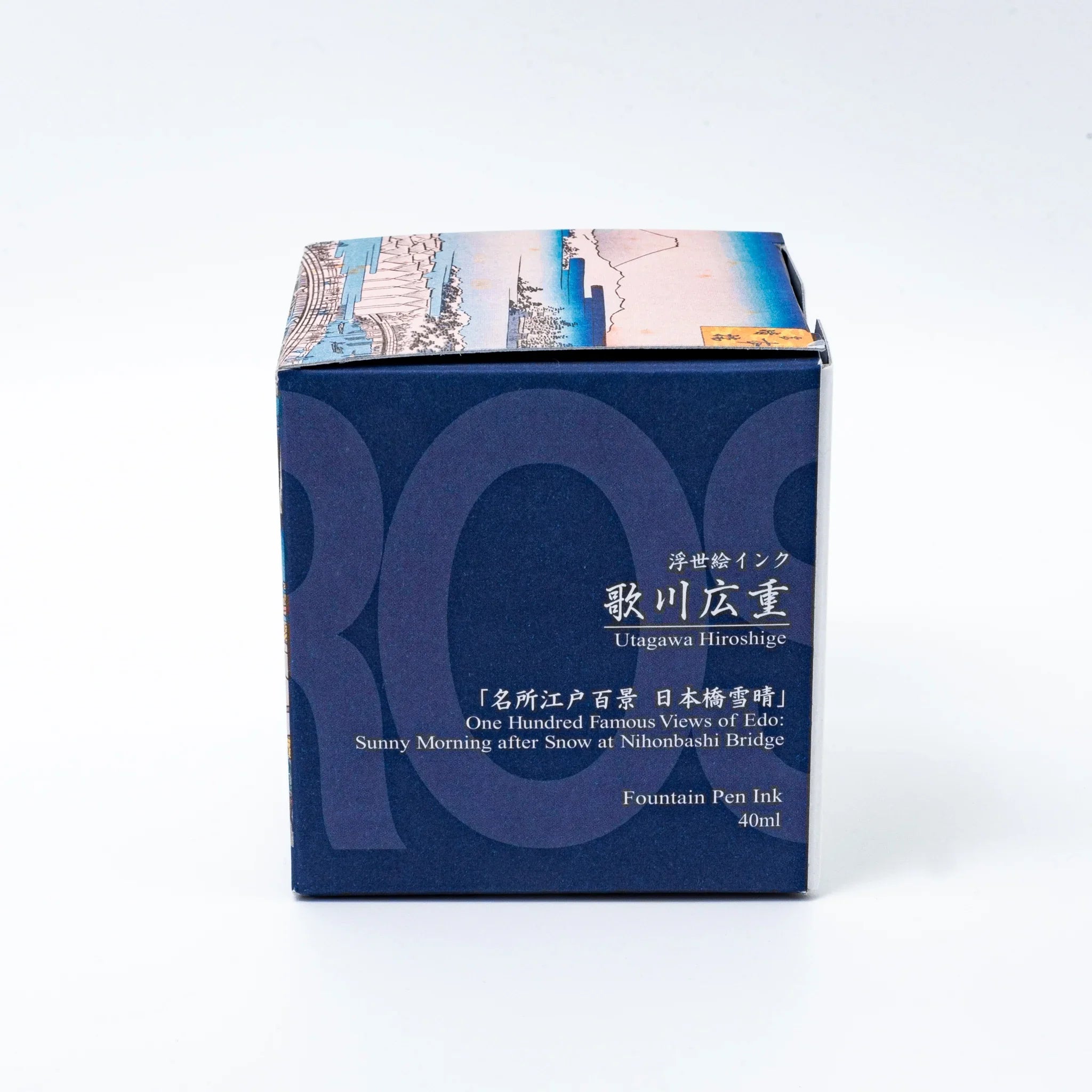 Hiroshige Ruri box front displaying Japanese text and traditional landscape woodblock artwork design on neutral surface