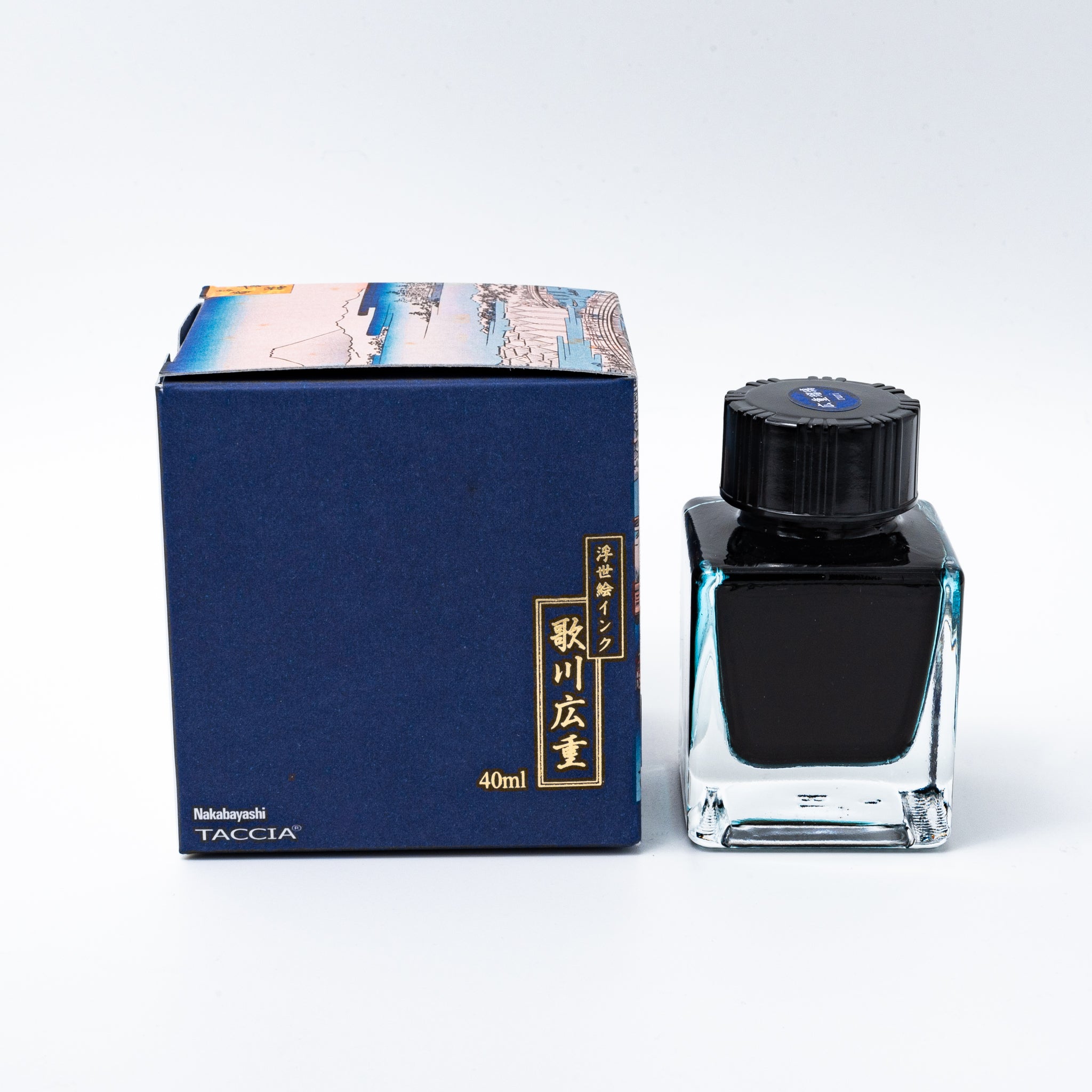 Japanese stationery fountain pen ink. The packaging features Ukiyo-e style art of a river scene with boats and a bridge. The glass bottle contains 40ml of blue "Furi" ink.