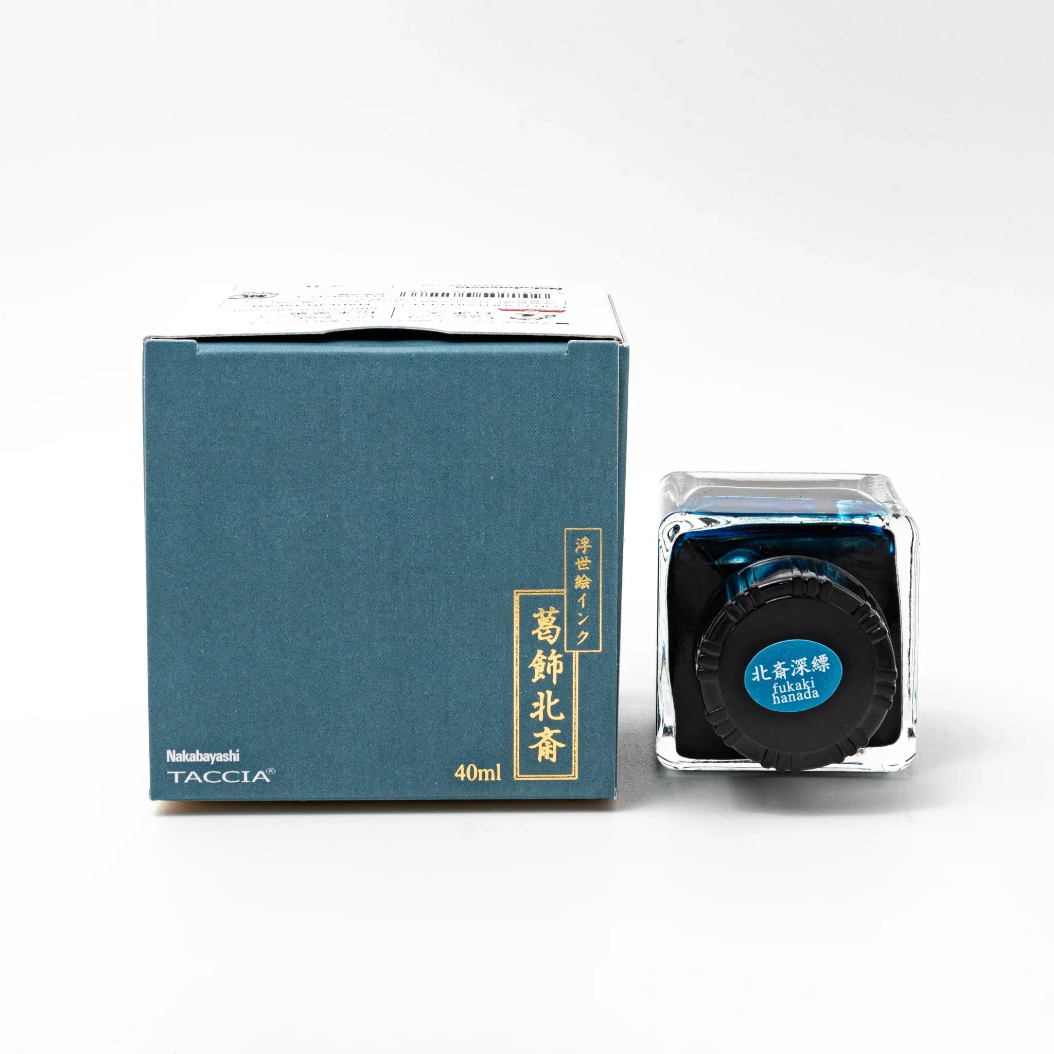 TACCIA Hokusai Fukakihanada fountain pen ink with blue label and Japanese landscape design on decorative box nib