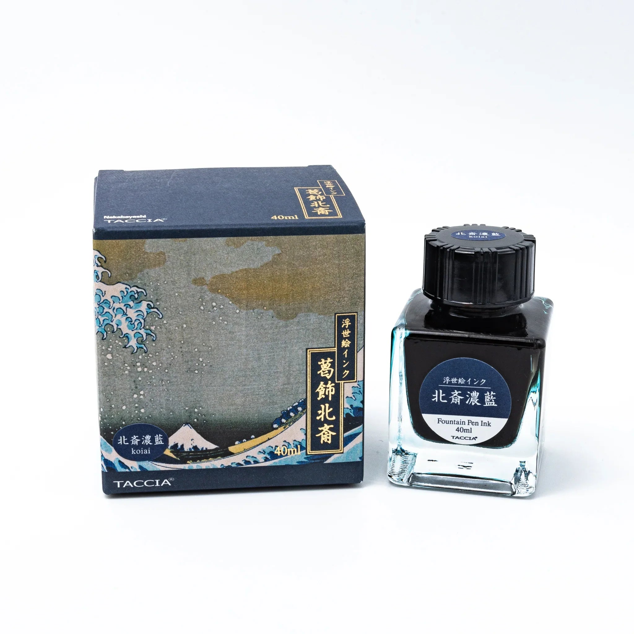 TACCIA fountain pen ink bottle with deep indigo koiai color inspired by Hokusai ukiyo-e art, bottle front view with Japanese