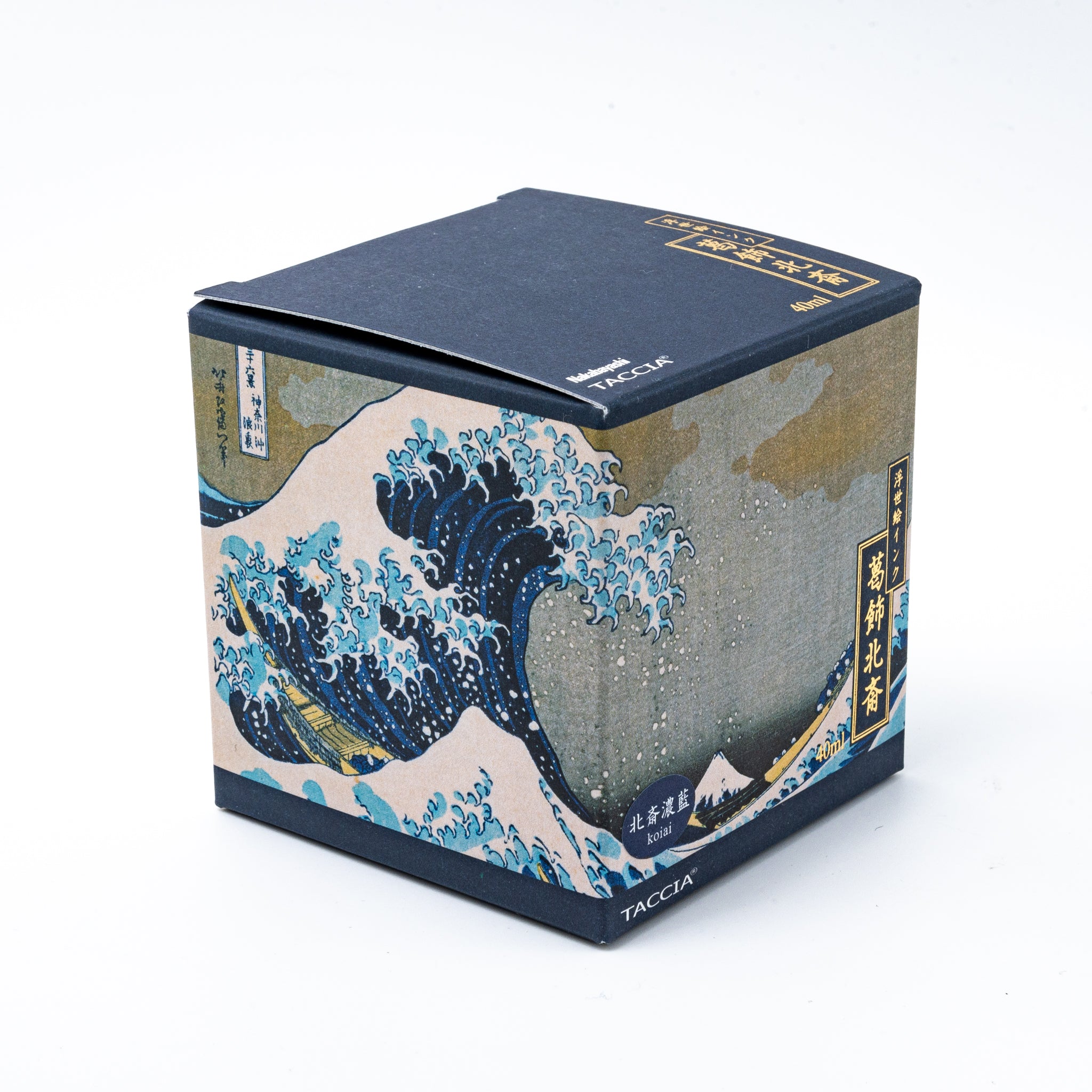 Japanese stationery fountain pen ink packaging. The box features Ukiyo-e art of a great wave with Mount Fuji. It contains 40ml of deep blue "Koiai" ink.
