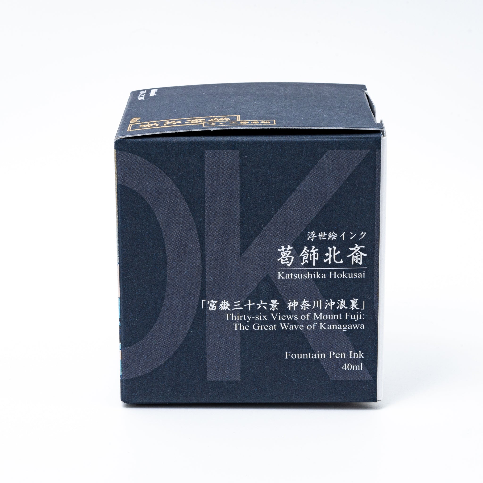 Japanese stationery fountain pen ink packaging. The box features Ukiyo-e art of a great wave with Mount Fuji. It contains 40ml of deep blue "Koiai" ink.