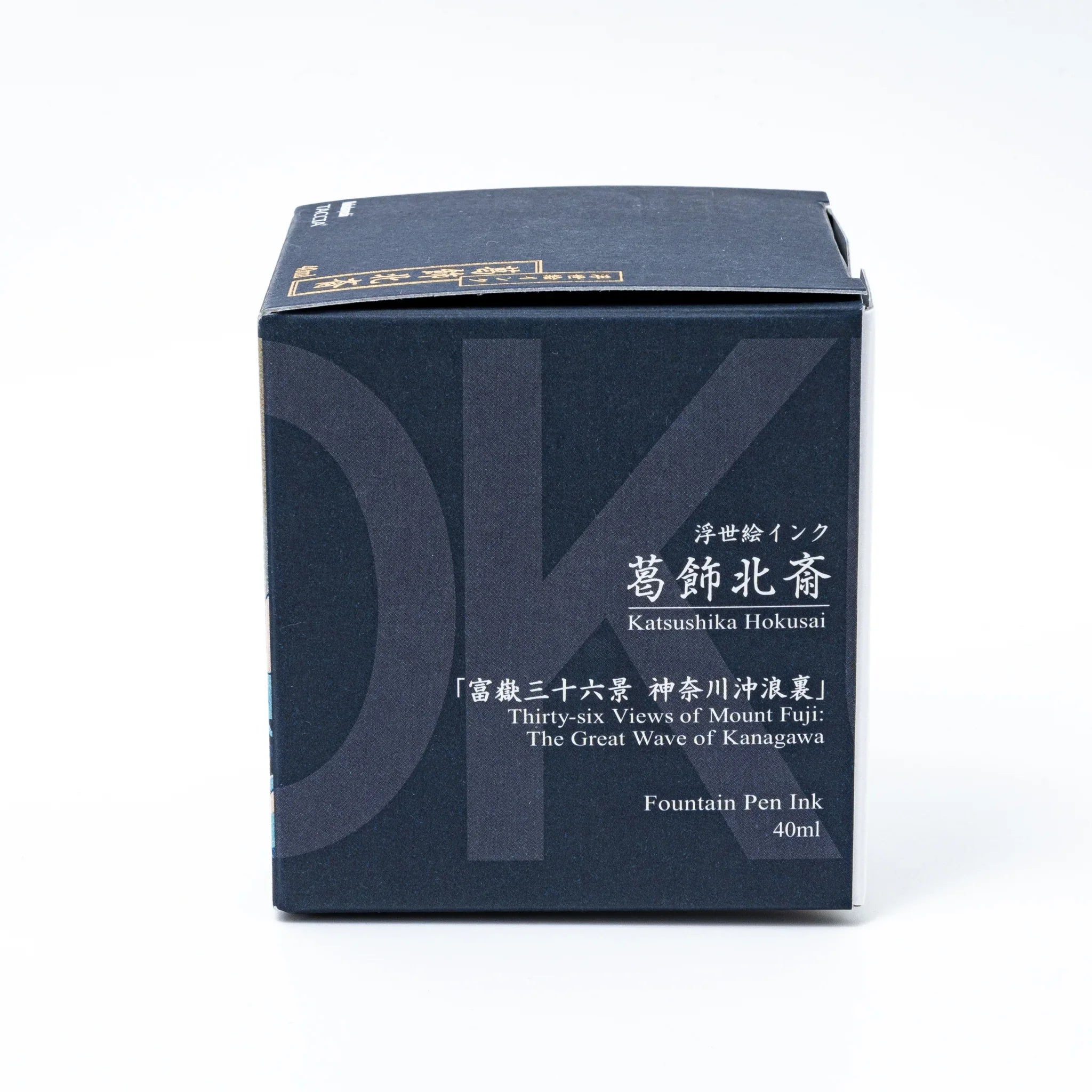 TACCIA Hokusai-koiai Fountain Pen Ink bottle with color reference swatch and complete packaging display with nib