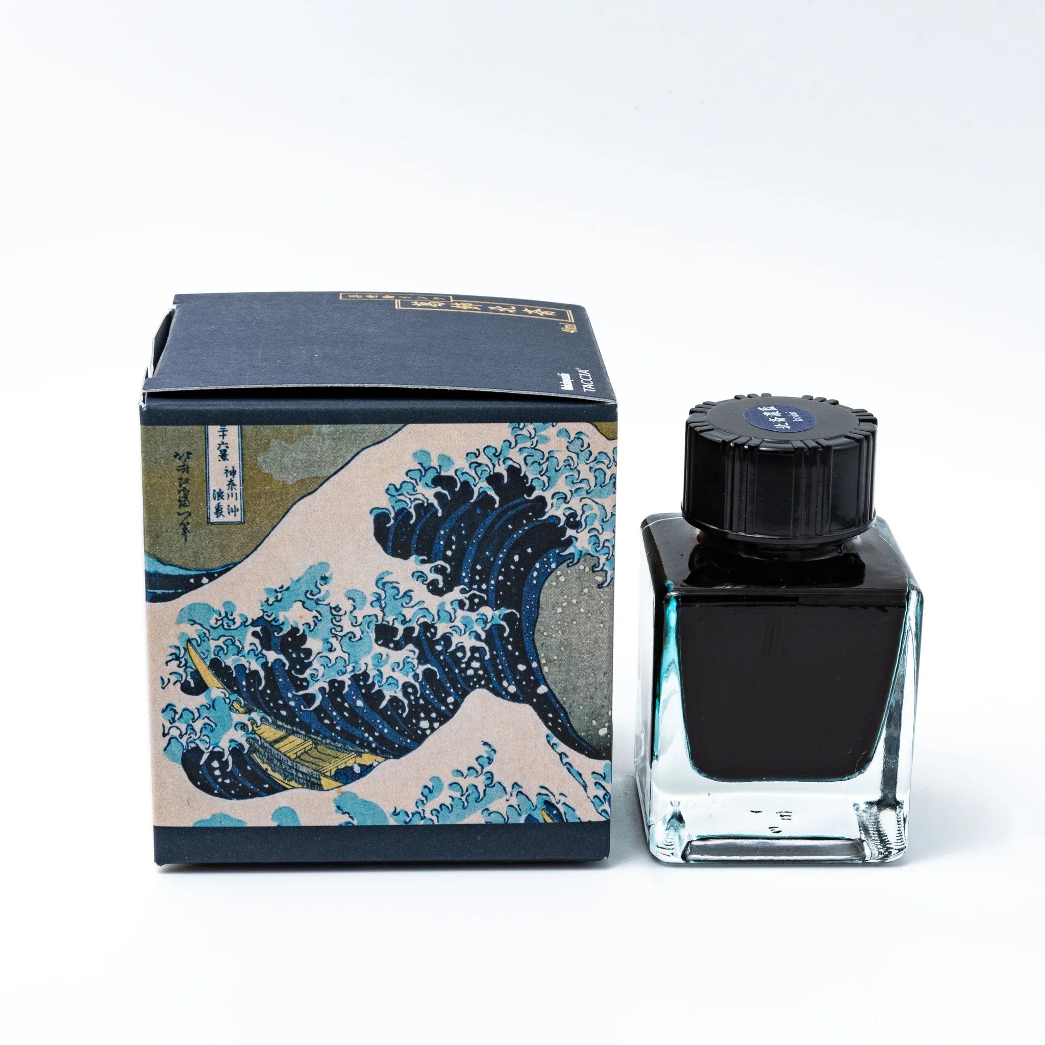 TACCIA Hokusai-koikai fountain pen ink featuring detailed product shot and color characteristics, bottle front view with