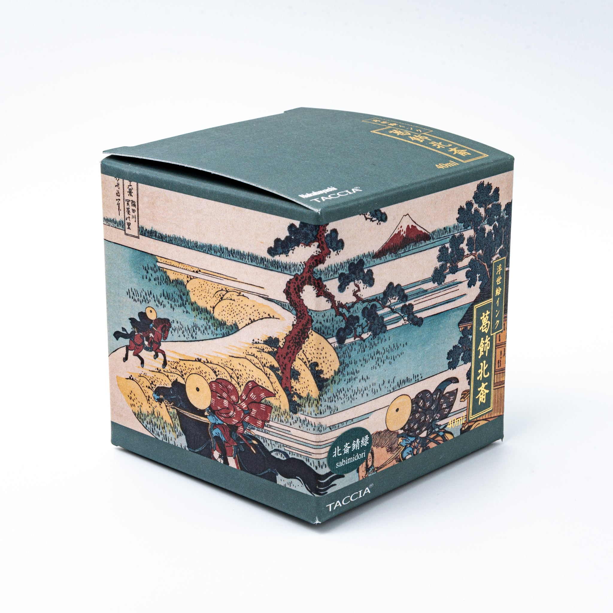 Japanese stationery fountain pen ink packaging. The box features Ukiyo-e style art of a rural landscape with Mount Fuji. It contains 40ml of teal "Sabimidori" ink.