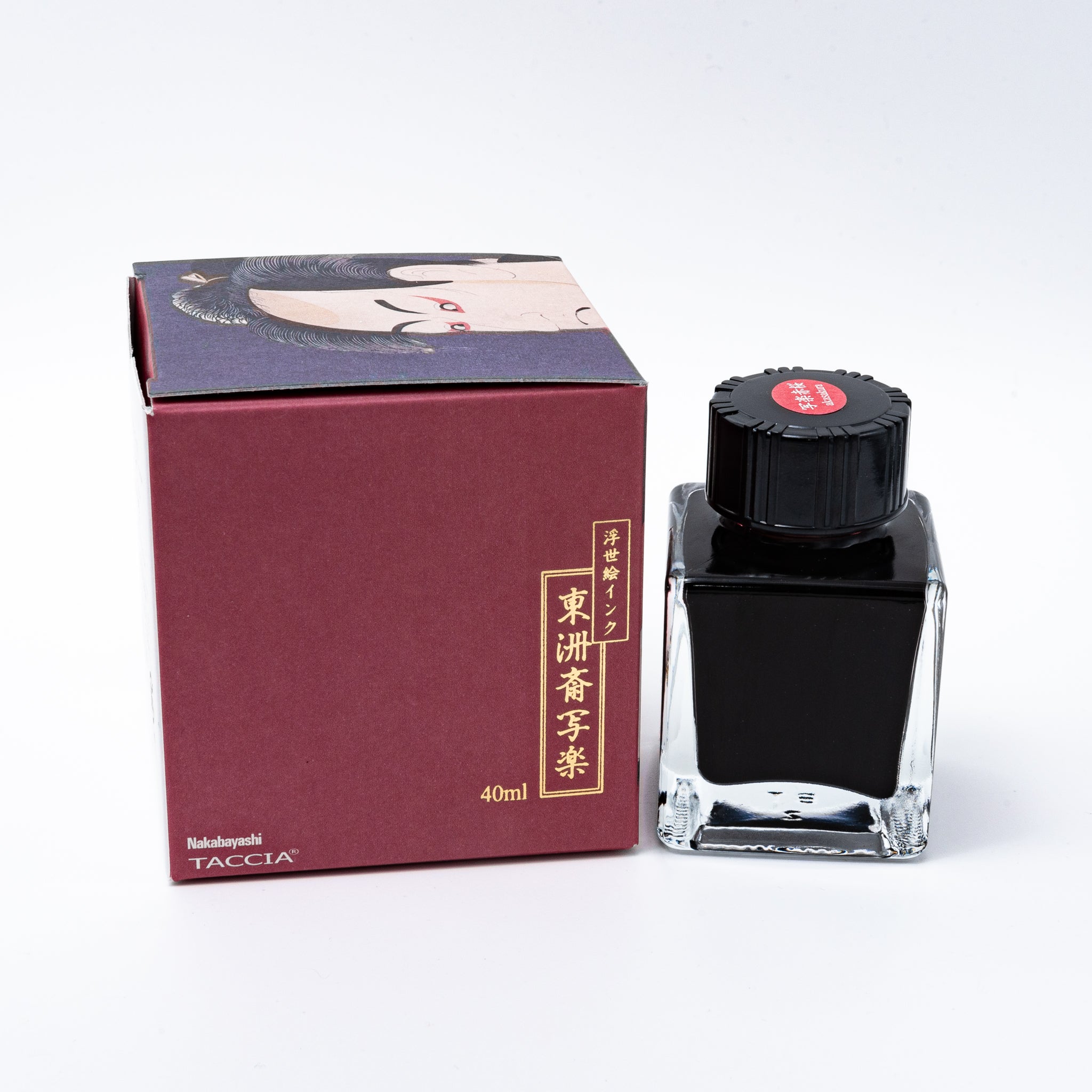 Japanese stationery fountain pen ink. The packaging features Ukiyo-e style art of a kabuki actor in a red kimono. The glass bottle contains 40ml of reddish-brown "Akasakura" ink.