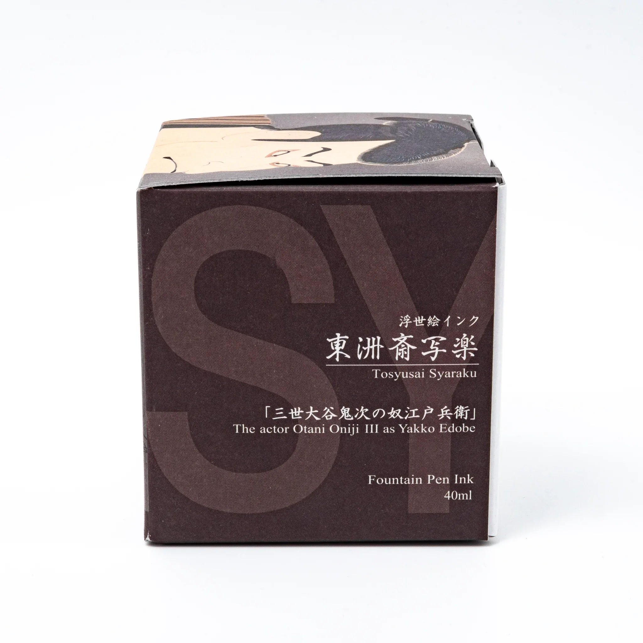 TACCIA Kurocha deep brown fountain pen ink bottle with actor portrait label showing traditional ukiyo-e artistry