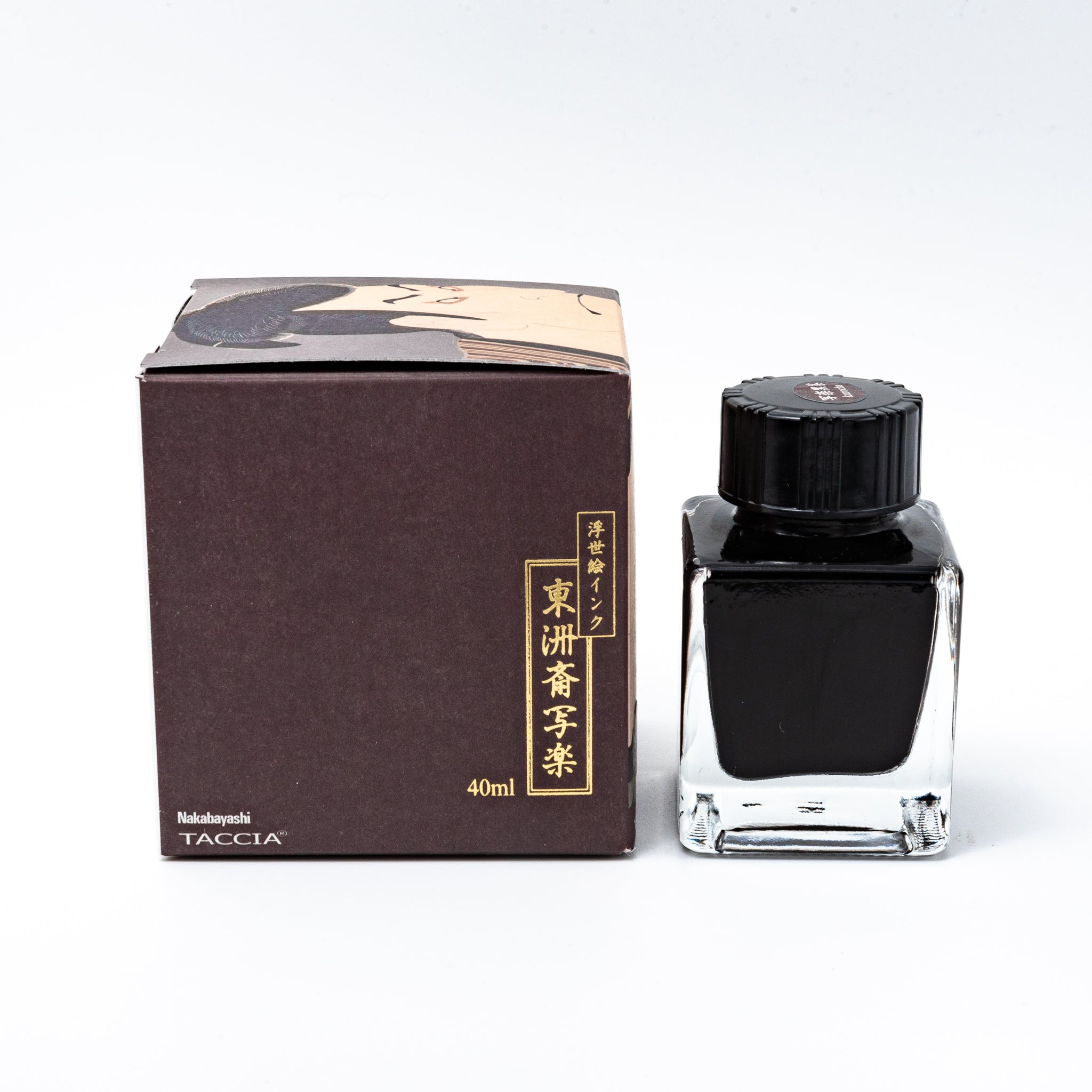 Japanese stationery fountain pen ink. The packaging features Ukiyo-e style art of a kabuki actor in a dark brown kimono. The glass bottle contains 40ml of brown "Kurocha" ink.