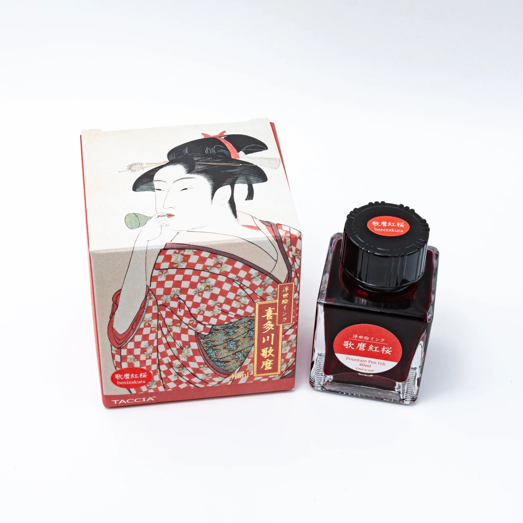 TACCIA Utamaro-benizakura crimson pink fountain pen ink box and bottle