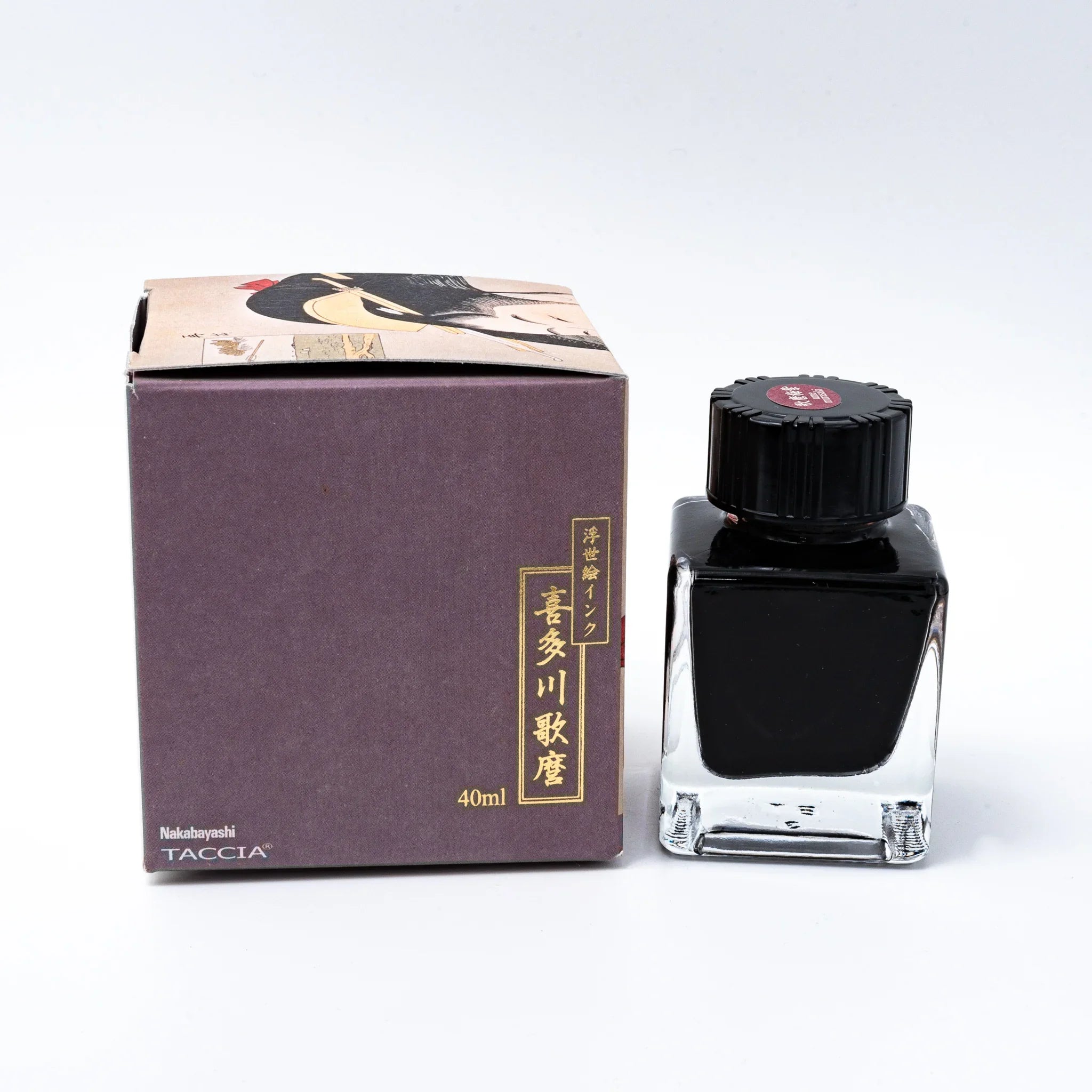 TACCIA plum-purple umemurasaki Japanese fountain pen ink with ukiyo-e artwork and gold text packaging