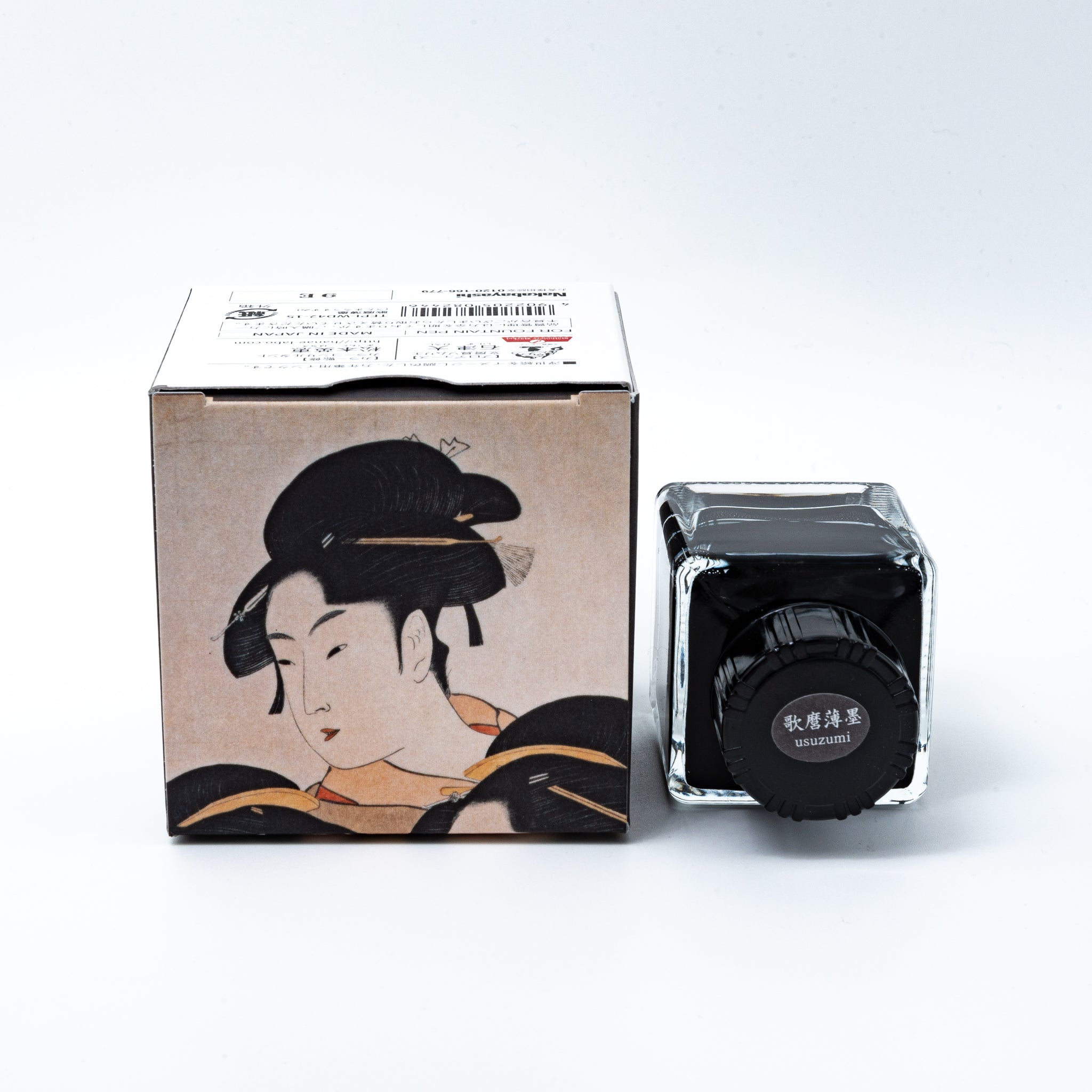 Japanese stationery fountain pen ink. The packaging features Ukiyo-e style art of two women, with gold accents. The glass bottle contains 40ml of gray "Usuzumi" ink.