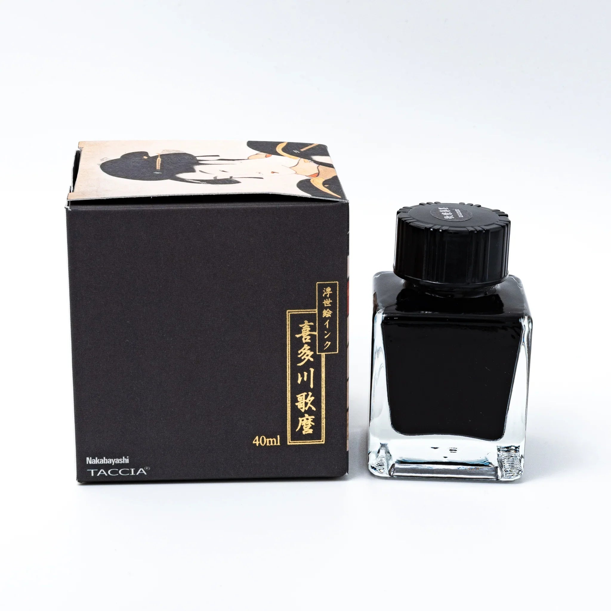 TACCIA Utamaro-usuzumi ink box and glass bottle set at three-quarter angle showing complete product packaging presentation