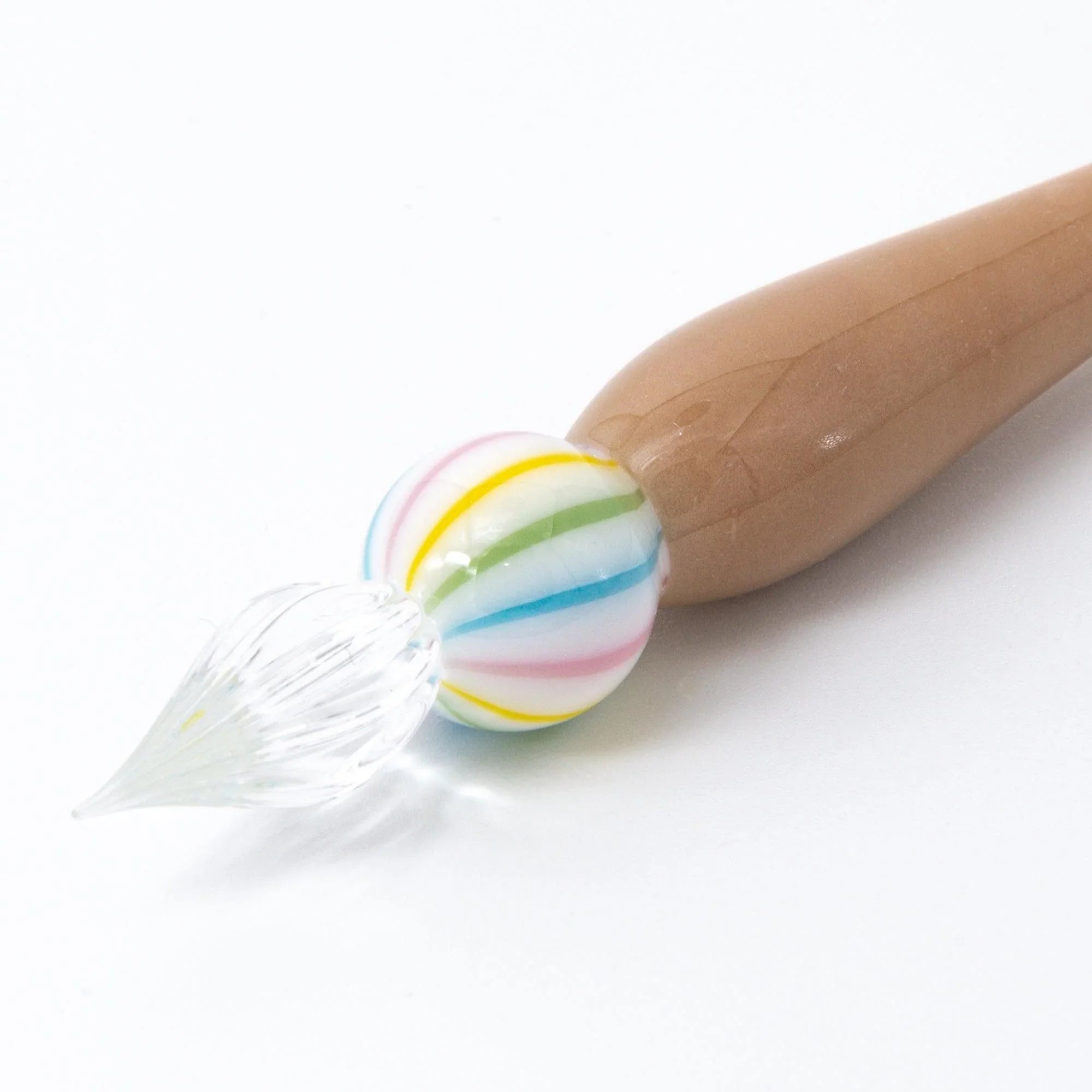 Wagashi Monaka glass dip pen with beige glass barrel and decorative wafer-inspired glass element attachment