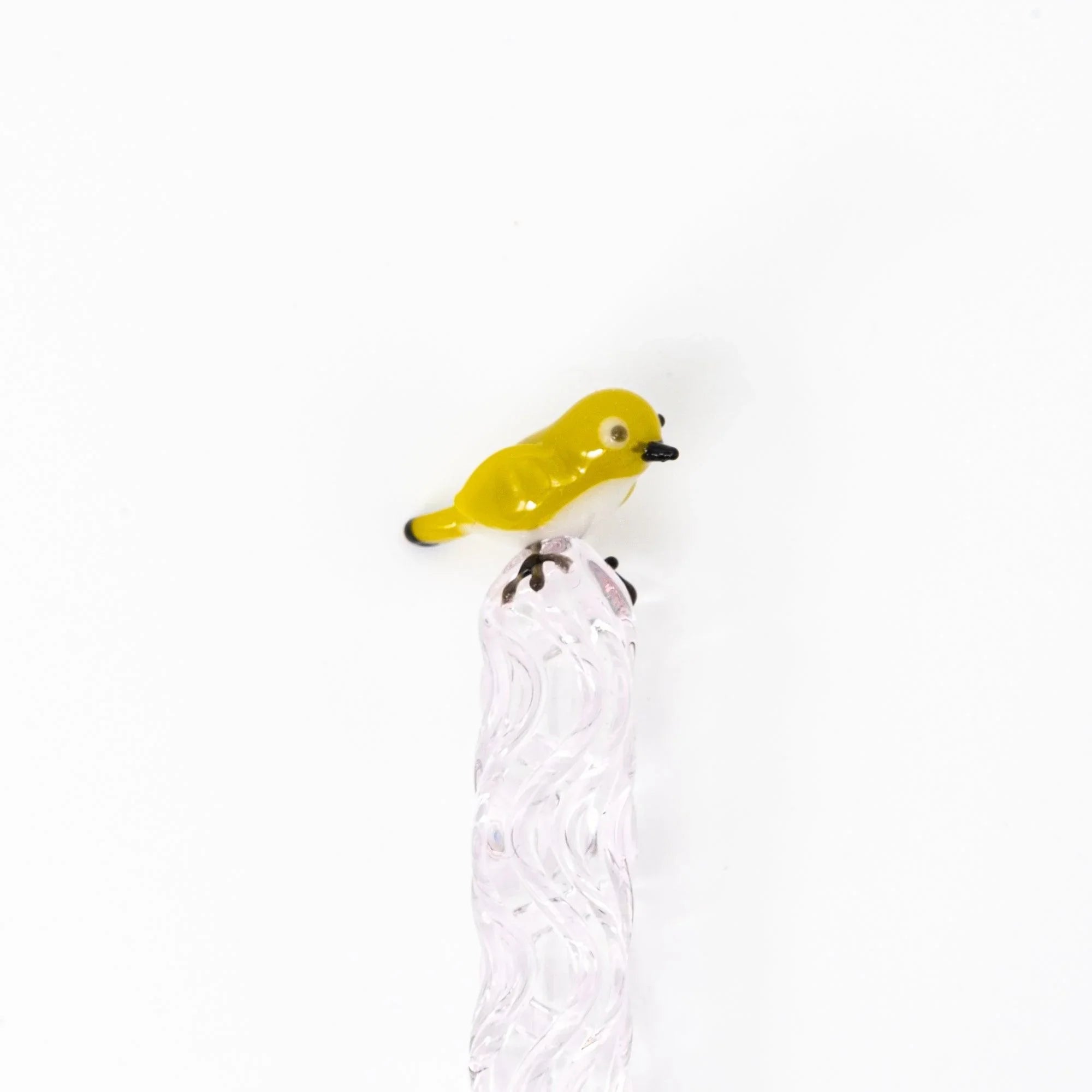 Warbling White-eye glass dip pen in use demonstrating hand-twisted nib and Japanese bird design feature with holder