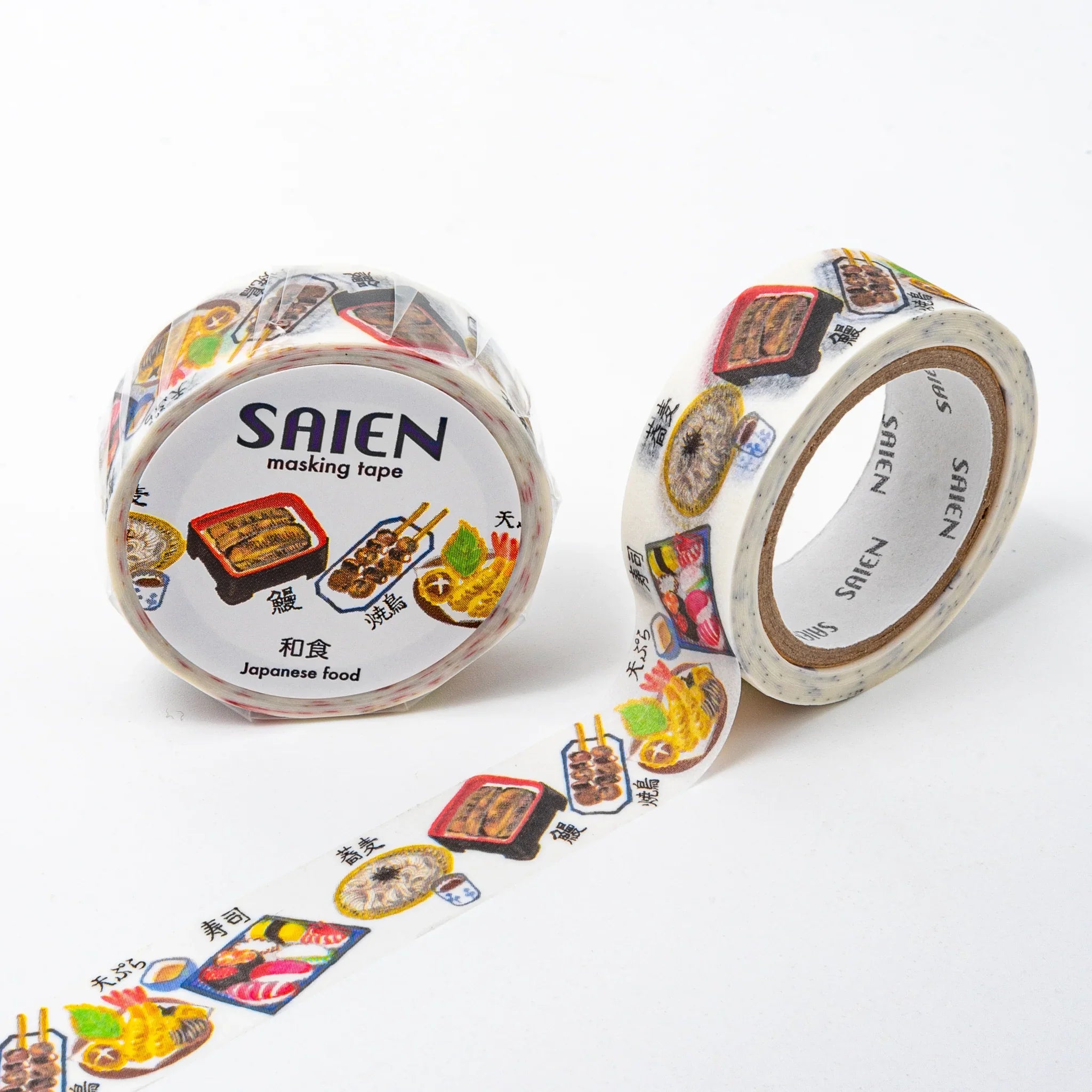 Washoku Japanese Food Iyo Washi Tape roll displaying grilled meat and vegetable illustrations with Japanese characters