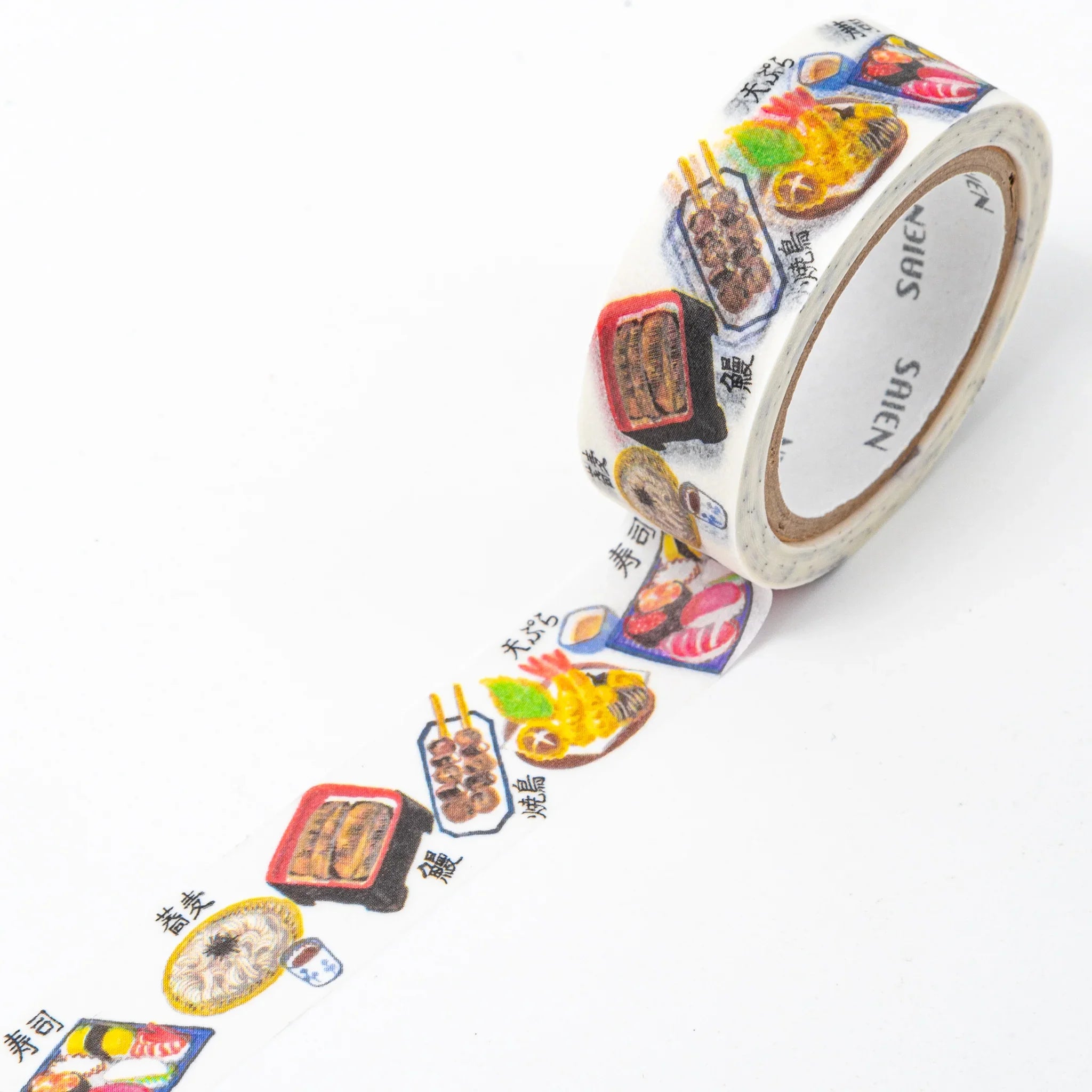 Iyo washi tape roll displaying Japanese washoku food pattern with various noodle, sushi dishes in traditional style