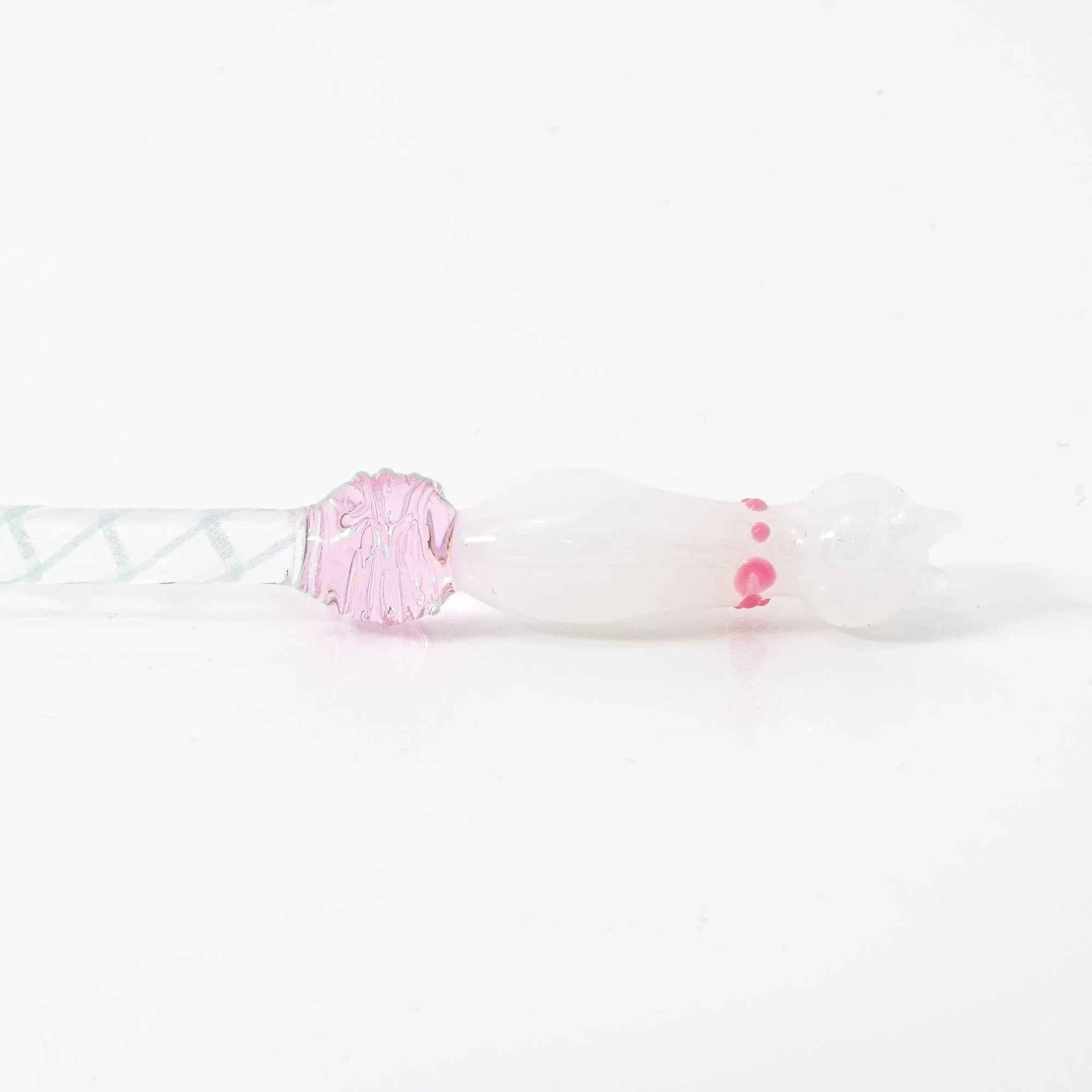White Nyanko cat glass dip pen clear barrel with spiral-etched texture and pink sphere ornament detail