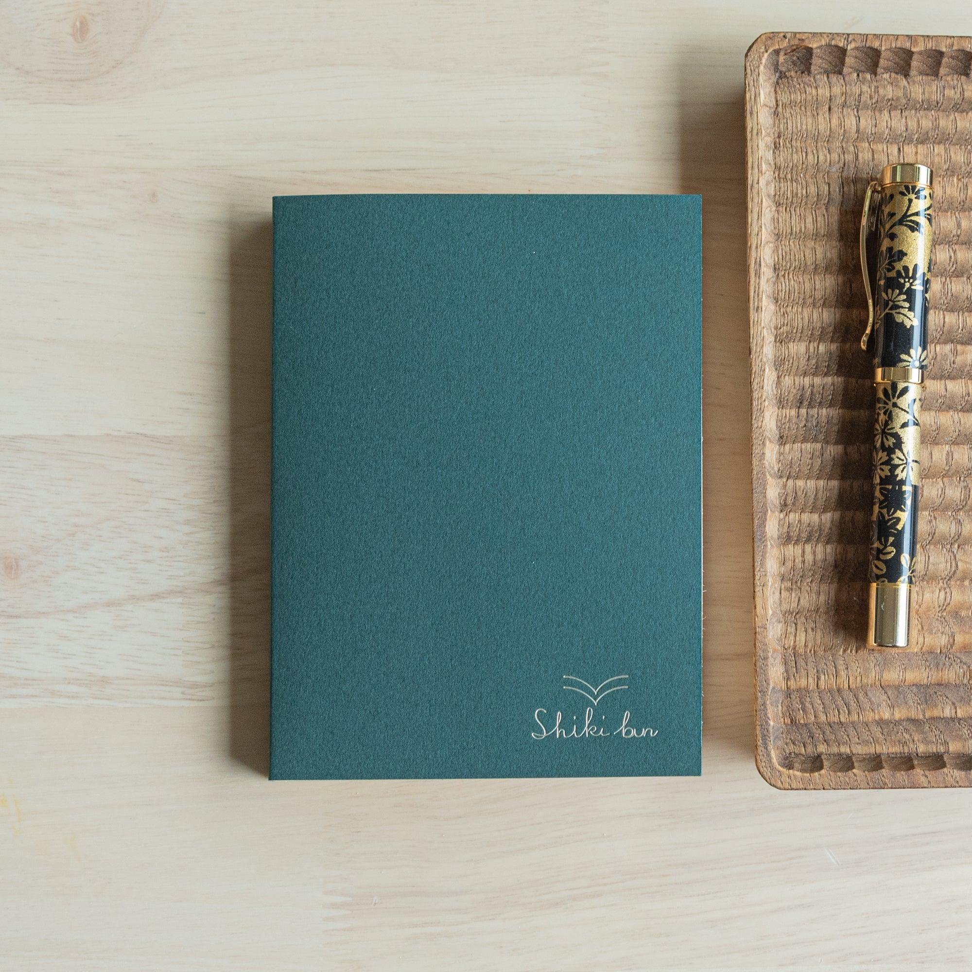 Wooden Page Softcover Notebook A6 in deep green with gold pen - eco-friendly Japanese red pine pages