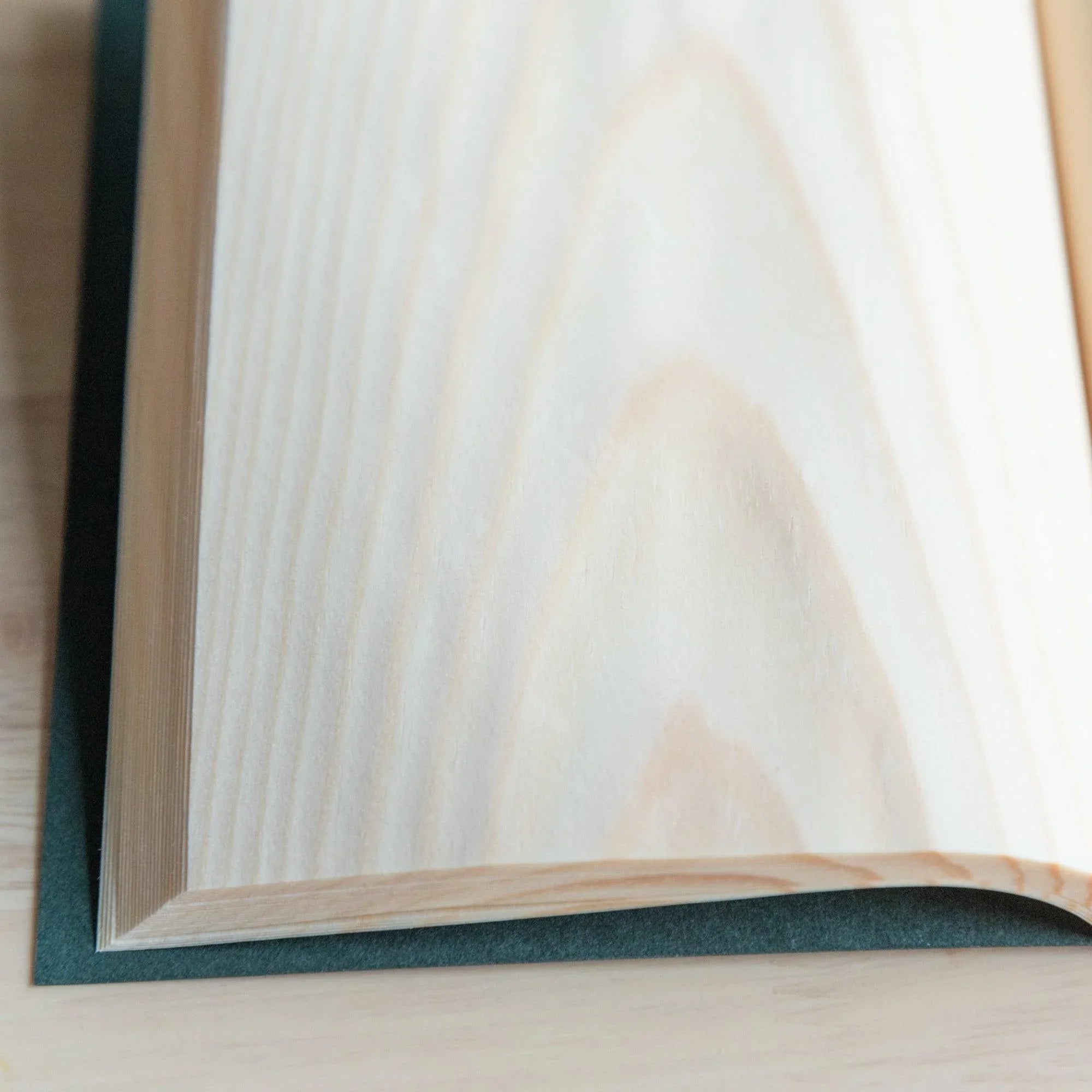 Red Pine A6 journal with wooden pages, fully opened display of handmade wooden page elements showing natural wood material
