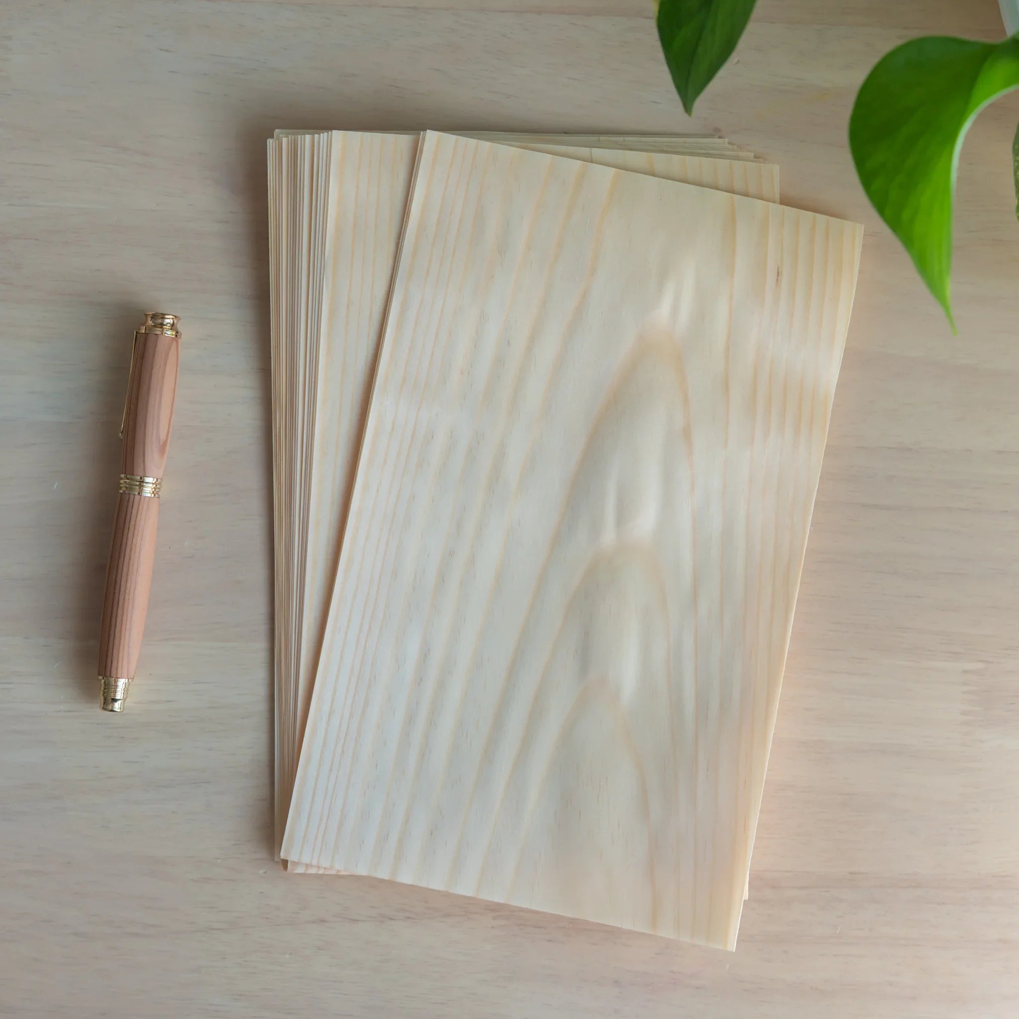 Overhead flat lay of Japanese wooden loose leaf sheets neatly stacked on light wood with wooden barrel pen and green plant