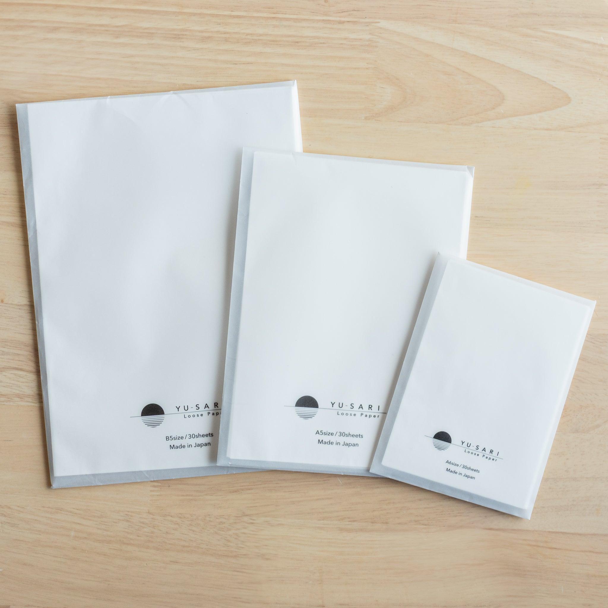 YU-SARI Fountain Pen Loose Leaf Paper. Japanese stationery. B5, A5, and A6 sizes shown. 30 sheets per pack. Made in Japan.