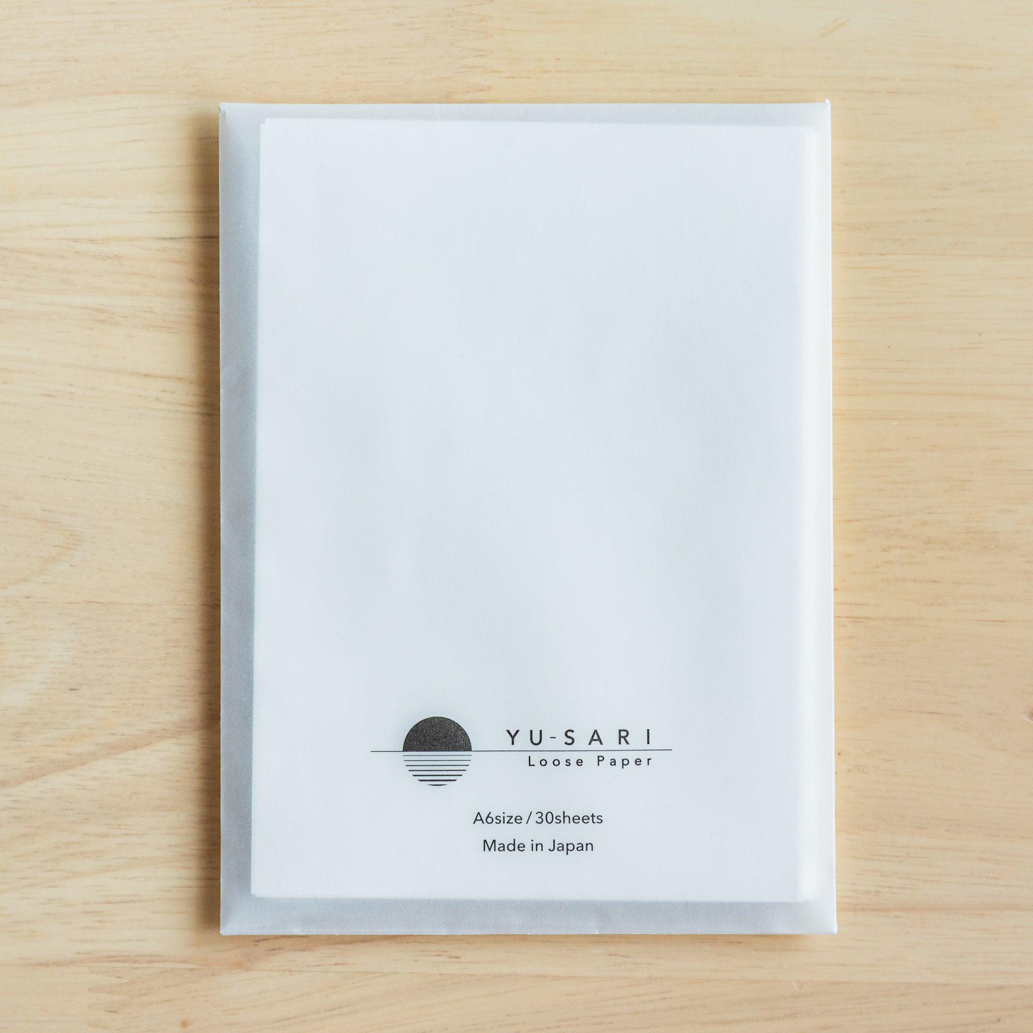 Front view of loose leaf paper. A6 size, 30 sheets per pack. Made in Japan. High-quality Japanese stationery.