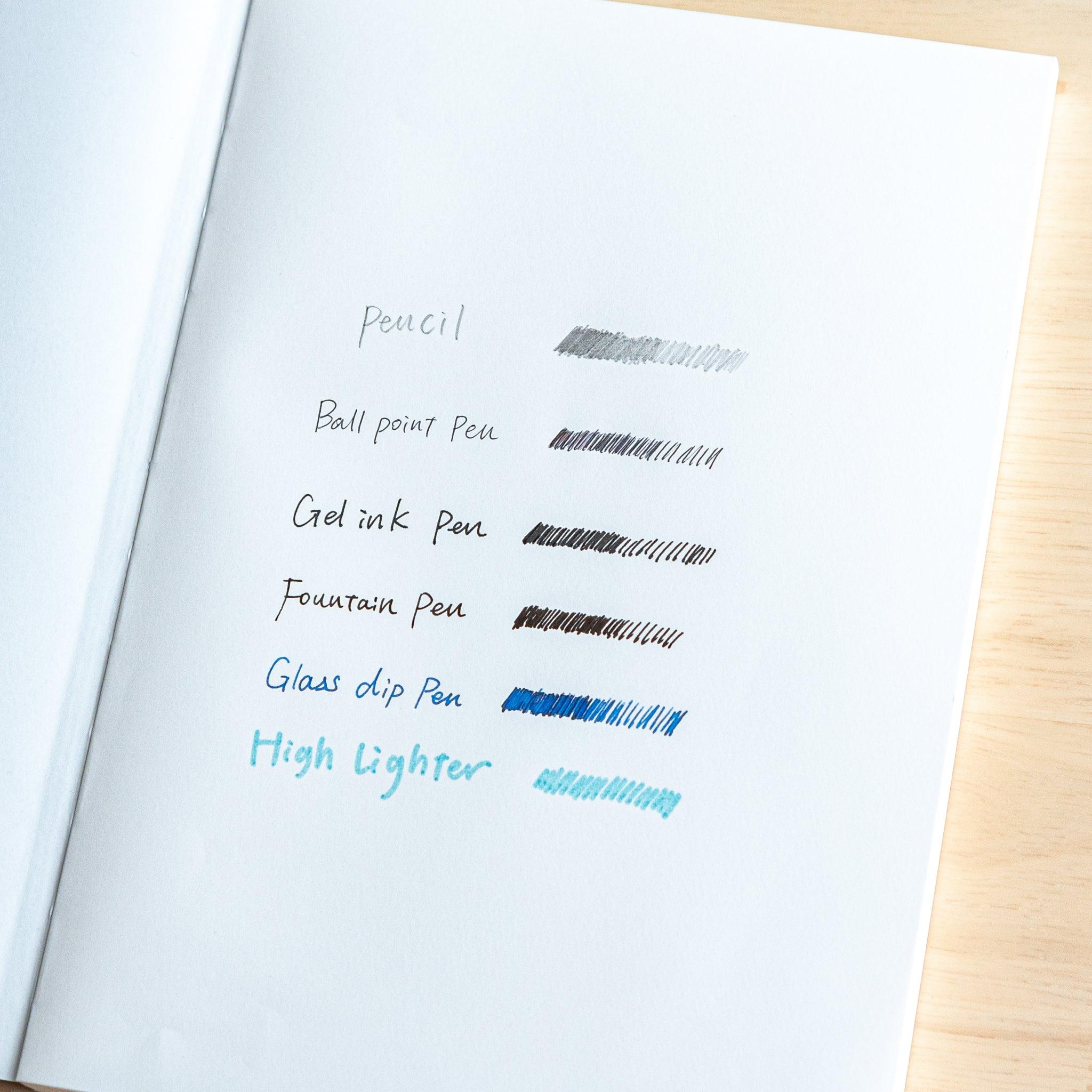 A notebook page comparing writing and shading with a pencil, ballpoint, gel ink, fountain, glass dip pen, and highlighter.