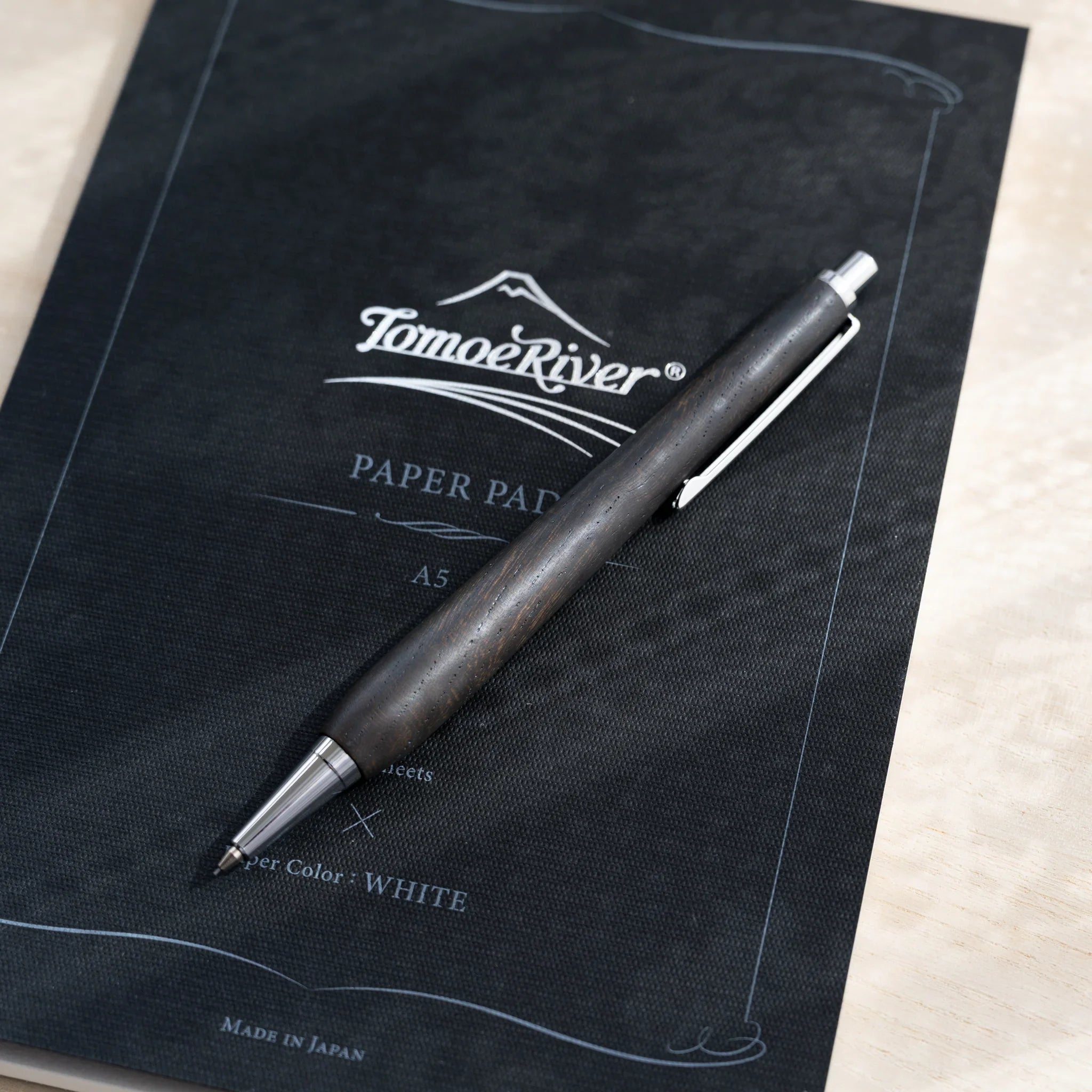 Zelkova wood urushi lacquered mechanical pencil in charcoal black, Japanese keyaki wood, silver knock and tip